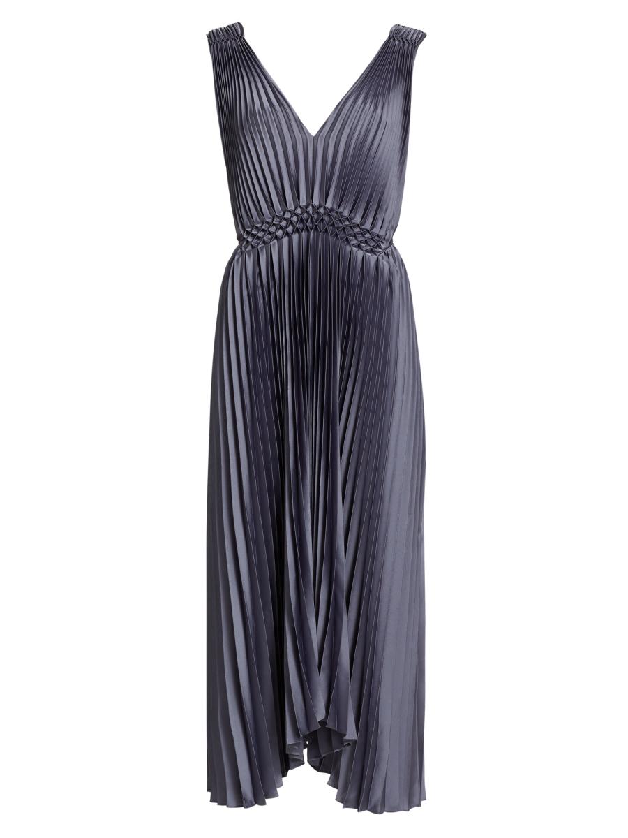 open lace back dress Joseph Ribkoff Coastal Blue Pleated Satin Midi Dress Style 251903 XS main image 1