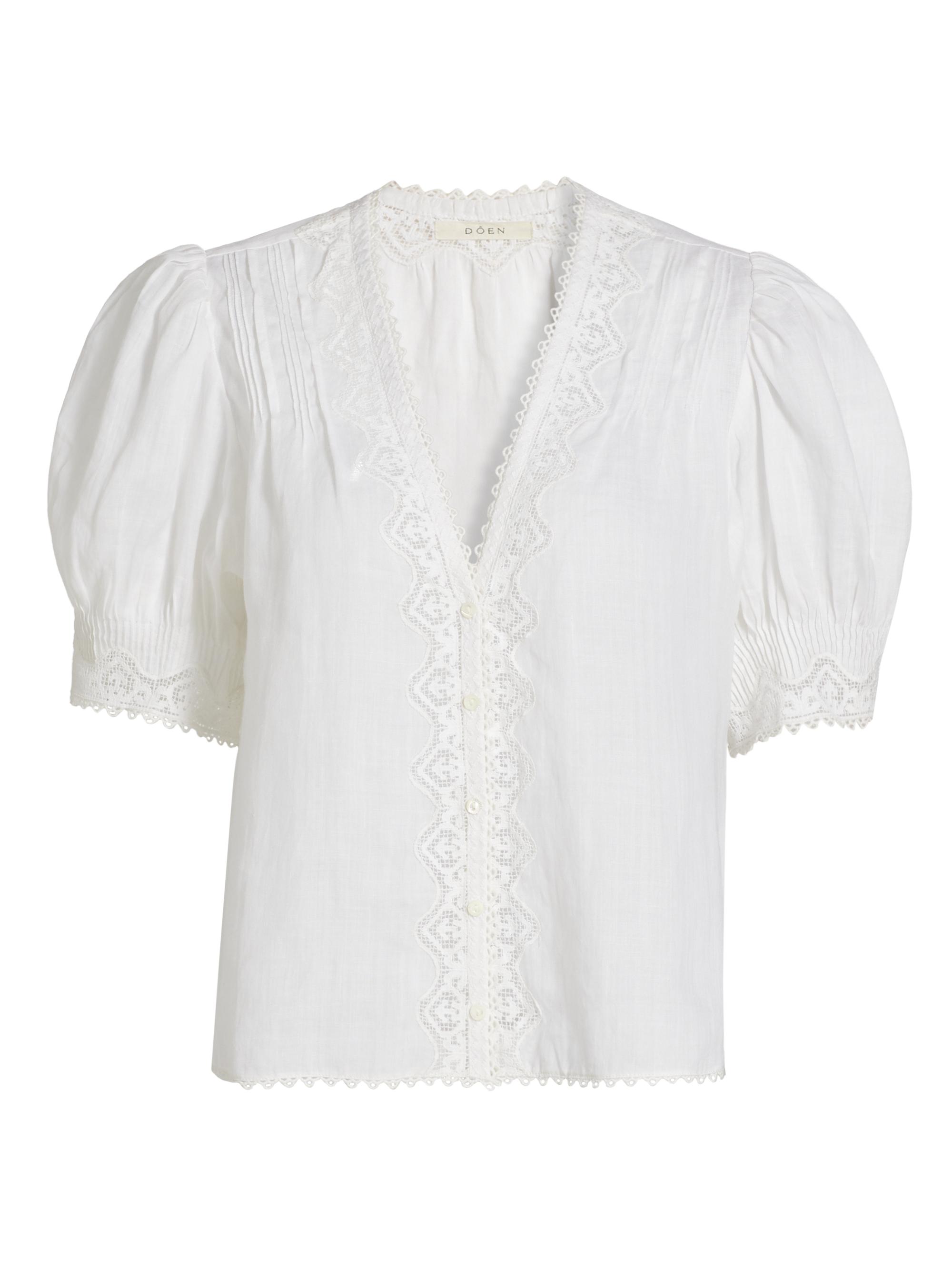 DÔEN Women's Brigetta Eyelet-Trim Linen Puff Sleeve Top - Salt
