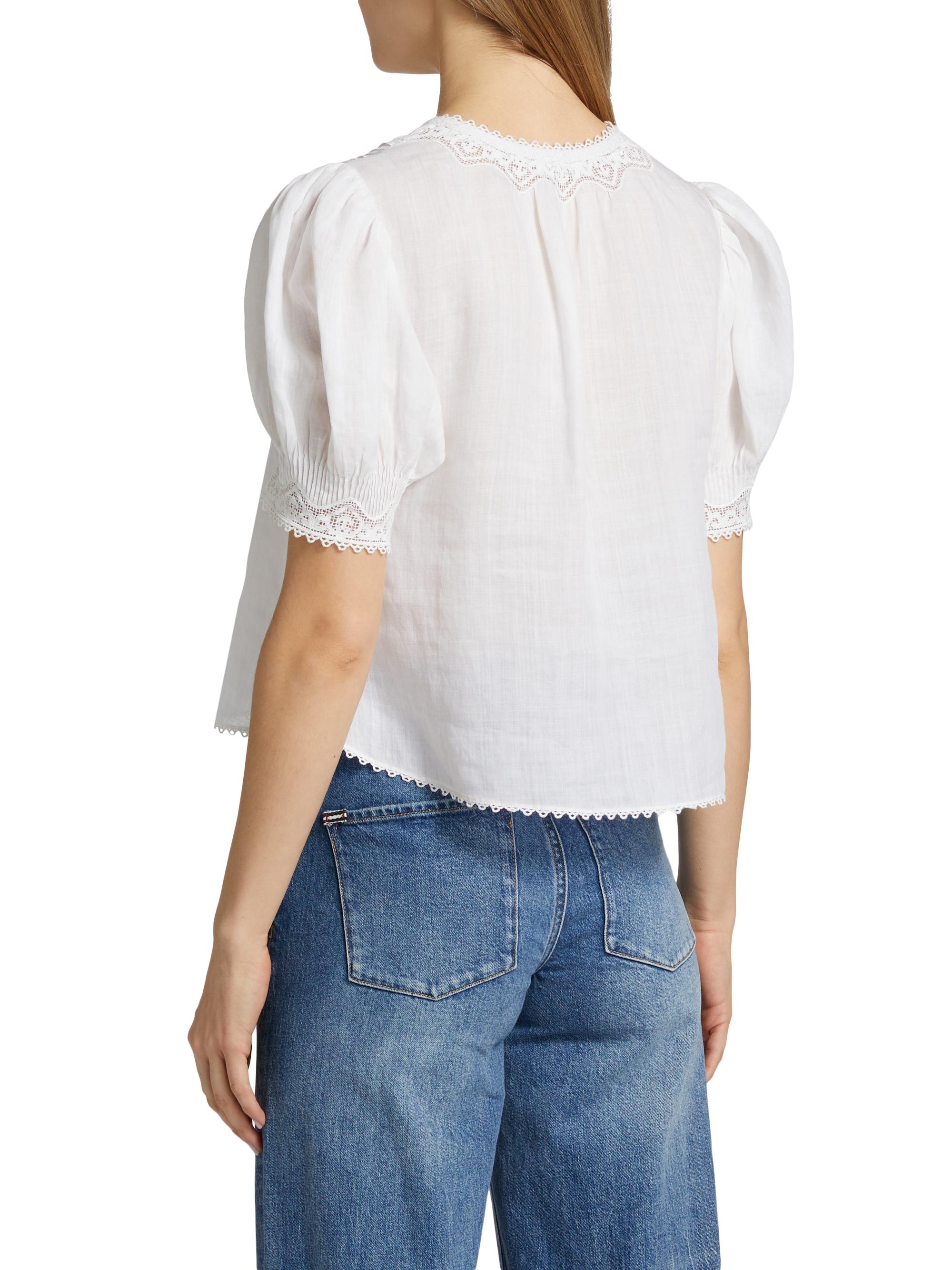 DÔEN Brigetta Eyelet-Trim Linen Puff Sleeve Top | Saks Fifth Avenue