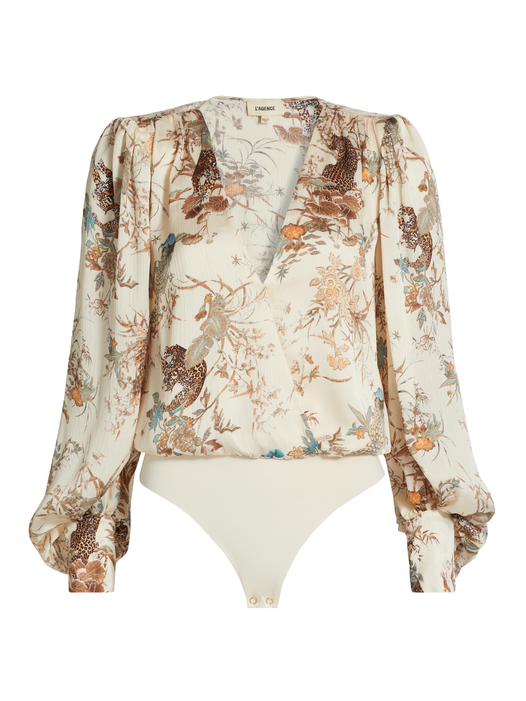 L'AGENCE Women's Kyoto Printed Blouson-Sleeve Bodysuit - Ecru Multi Tapestry Jungle