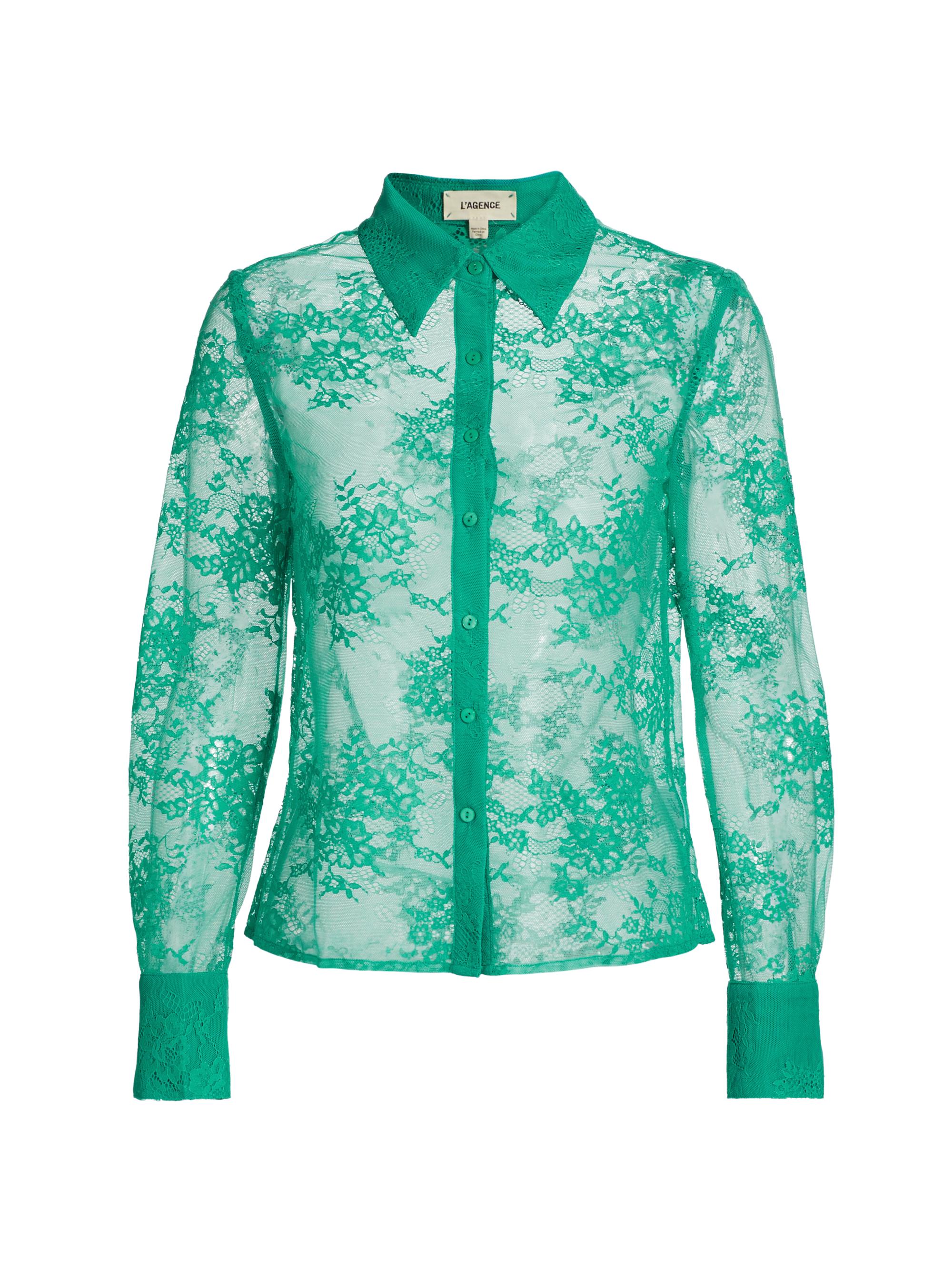 L'AGENCE Women's Maia Lace Long-Sleeve Button-Front Top - Bright Jade