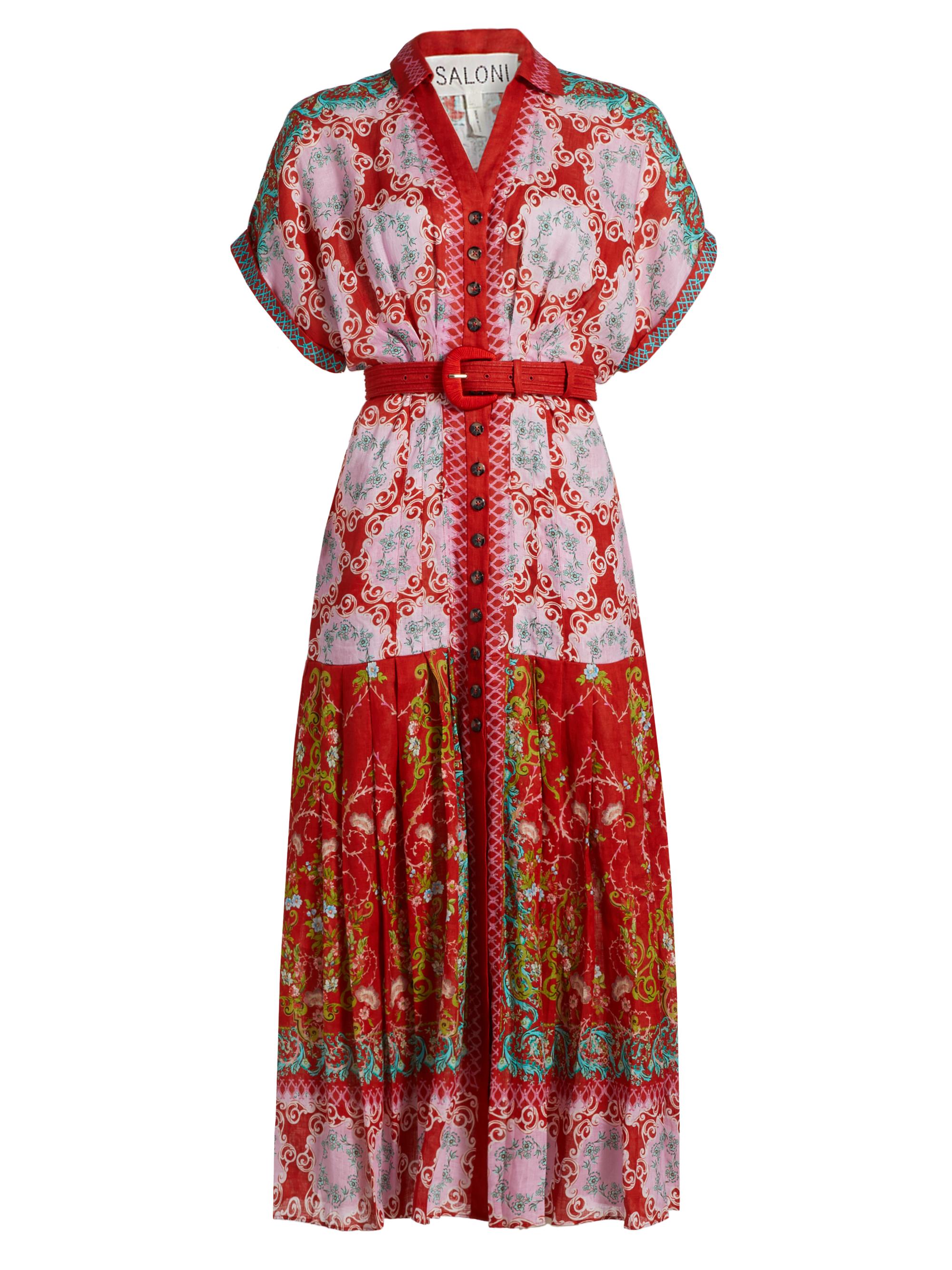 Saloni Women's Riya Printed Linen Shirtdress - Cicchetti Coral Print