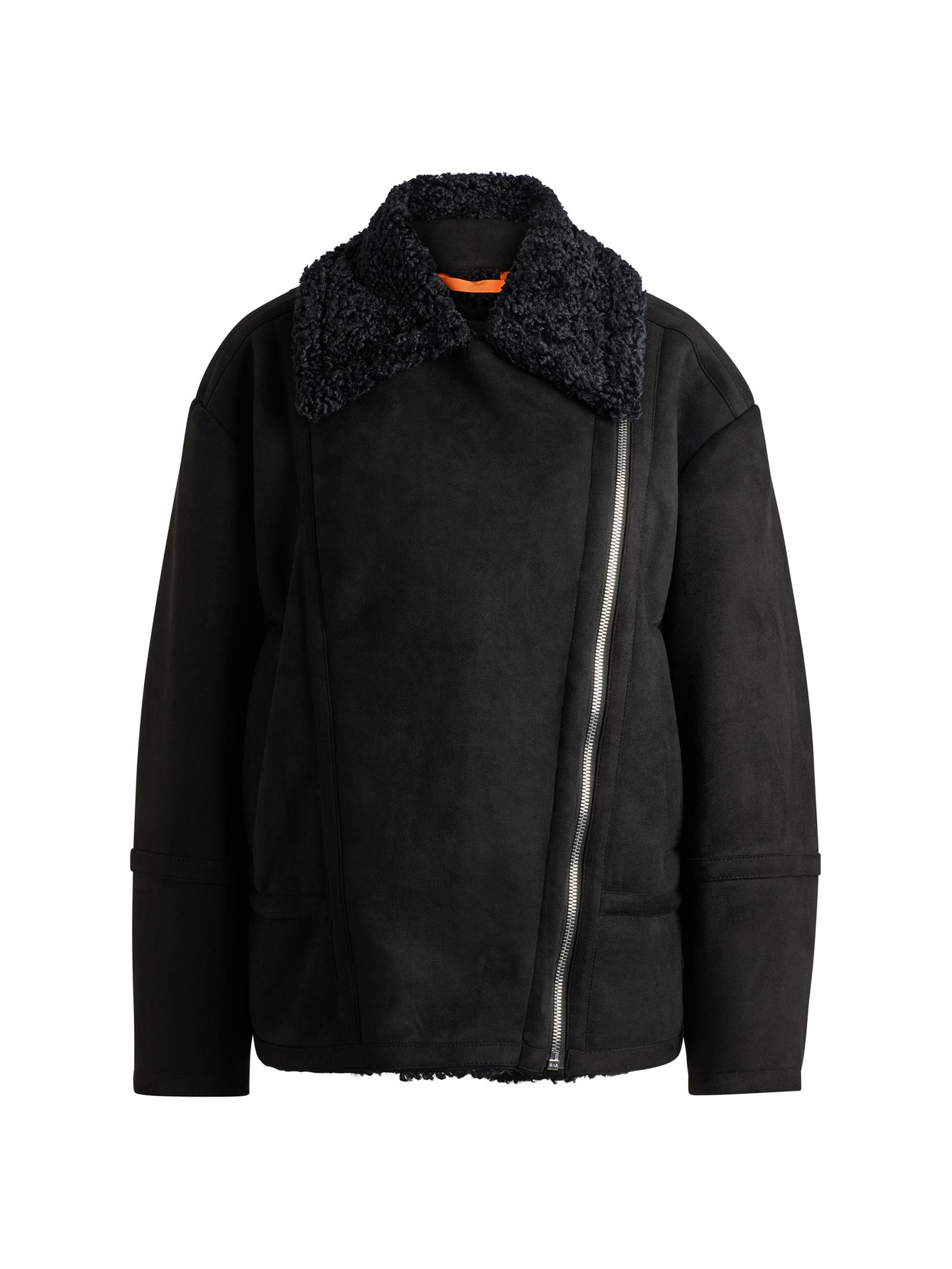 BOSS Women's Aviator-Style Jacket in Faux Suede with Faux Shearling - Black