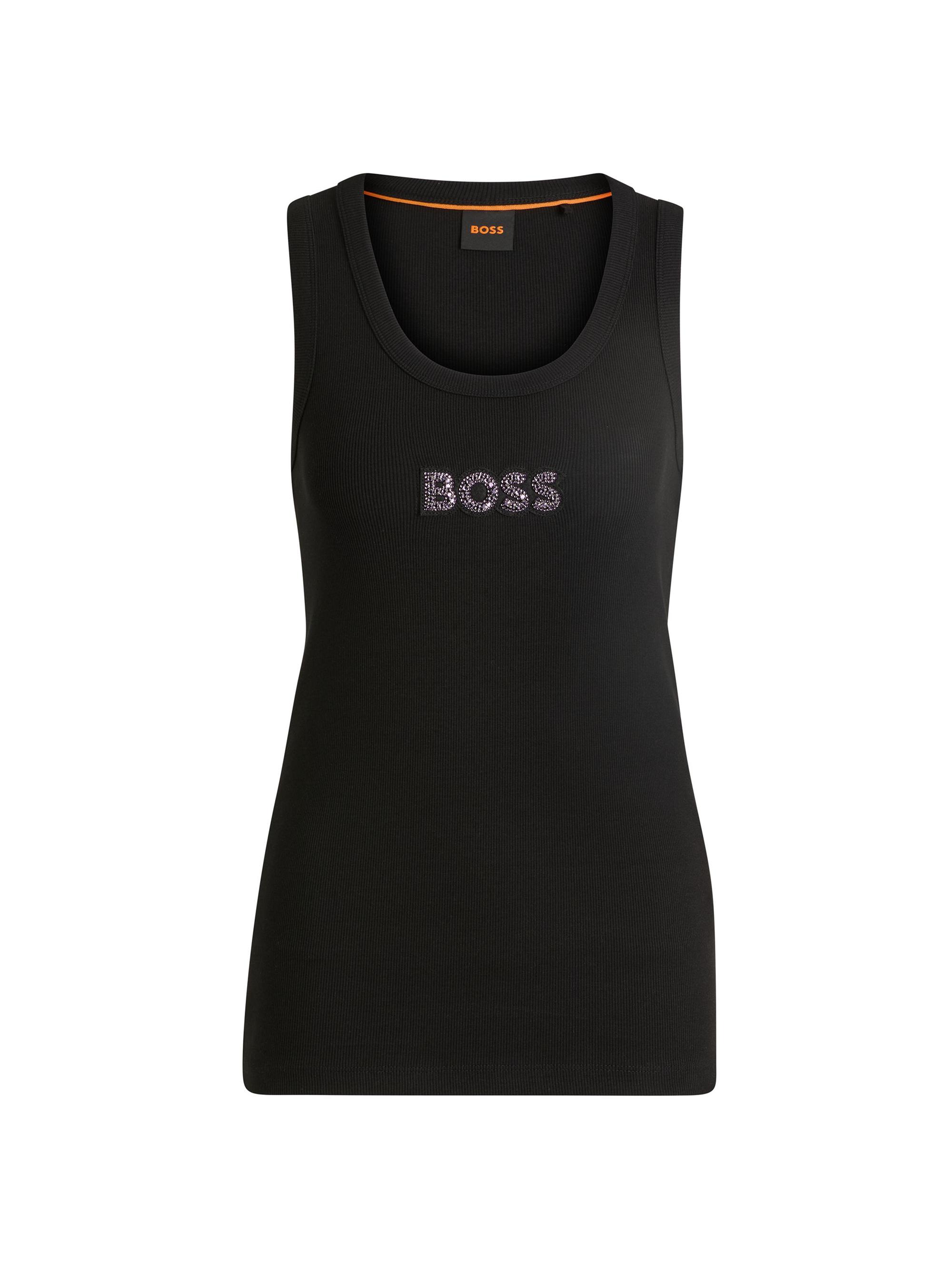 BOSS Women's Ribbed Stretch-Cotton Tank Top with Crystal Logo Badge - Black