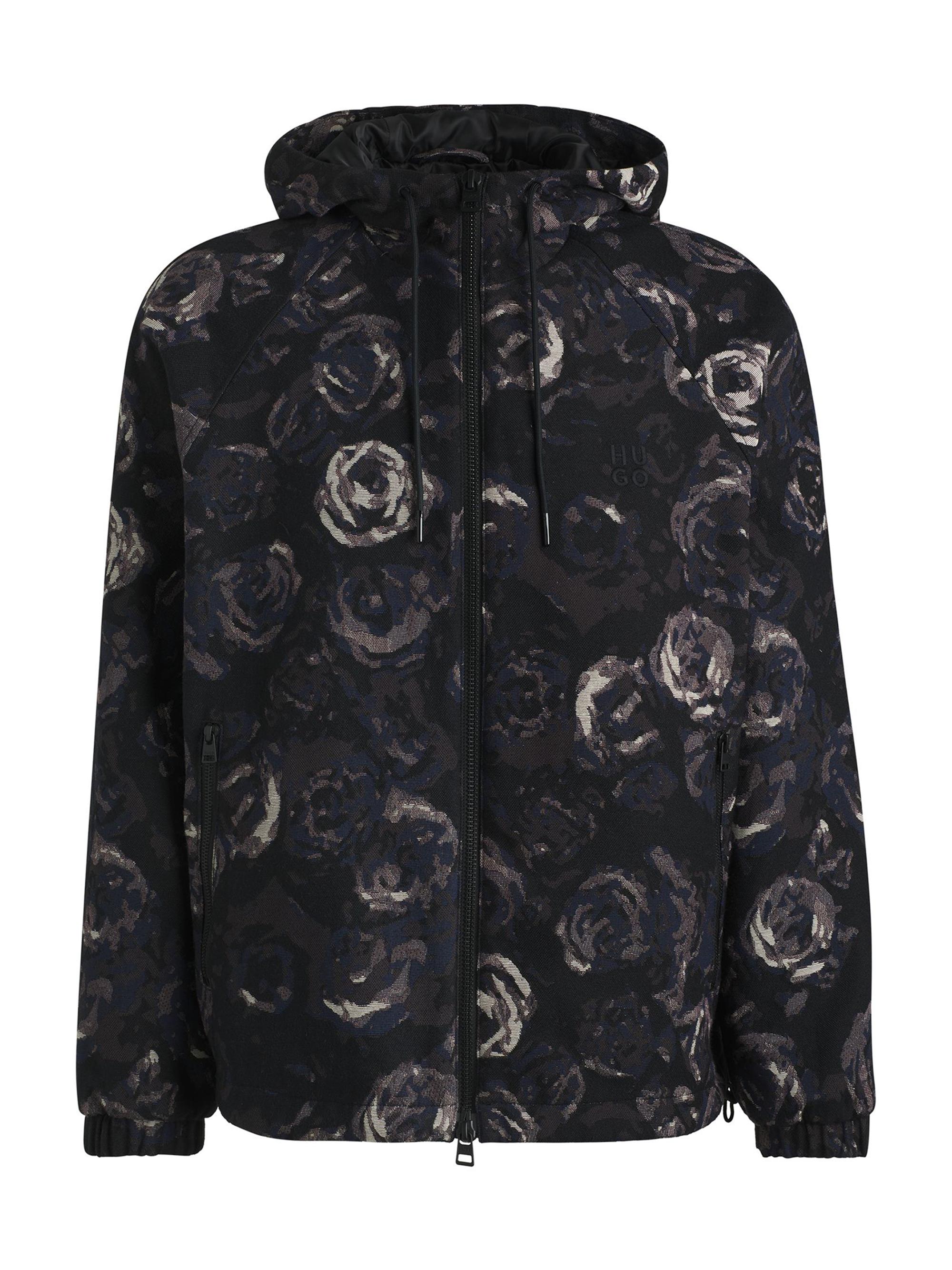HUGO Men's Hooded Jacket with Gothic-Rose Floral Jacquard - Patterned Grey