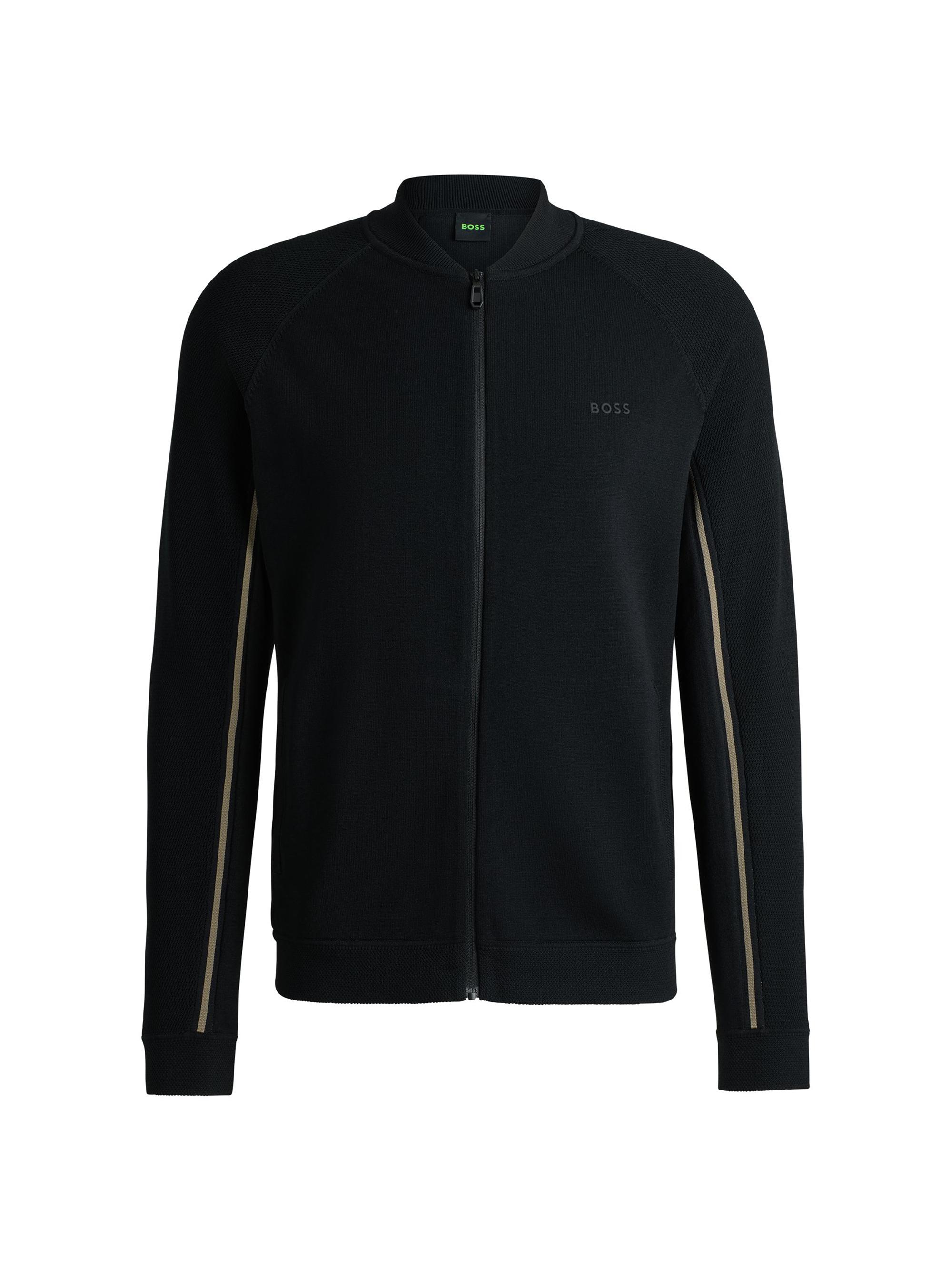 BOSS Men's Knitted Zip-Up Cardigan with Micro-Structured Stripes - Black