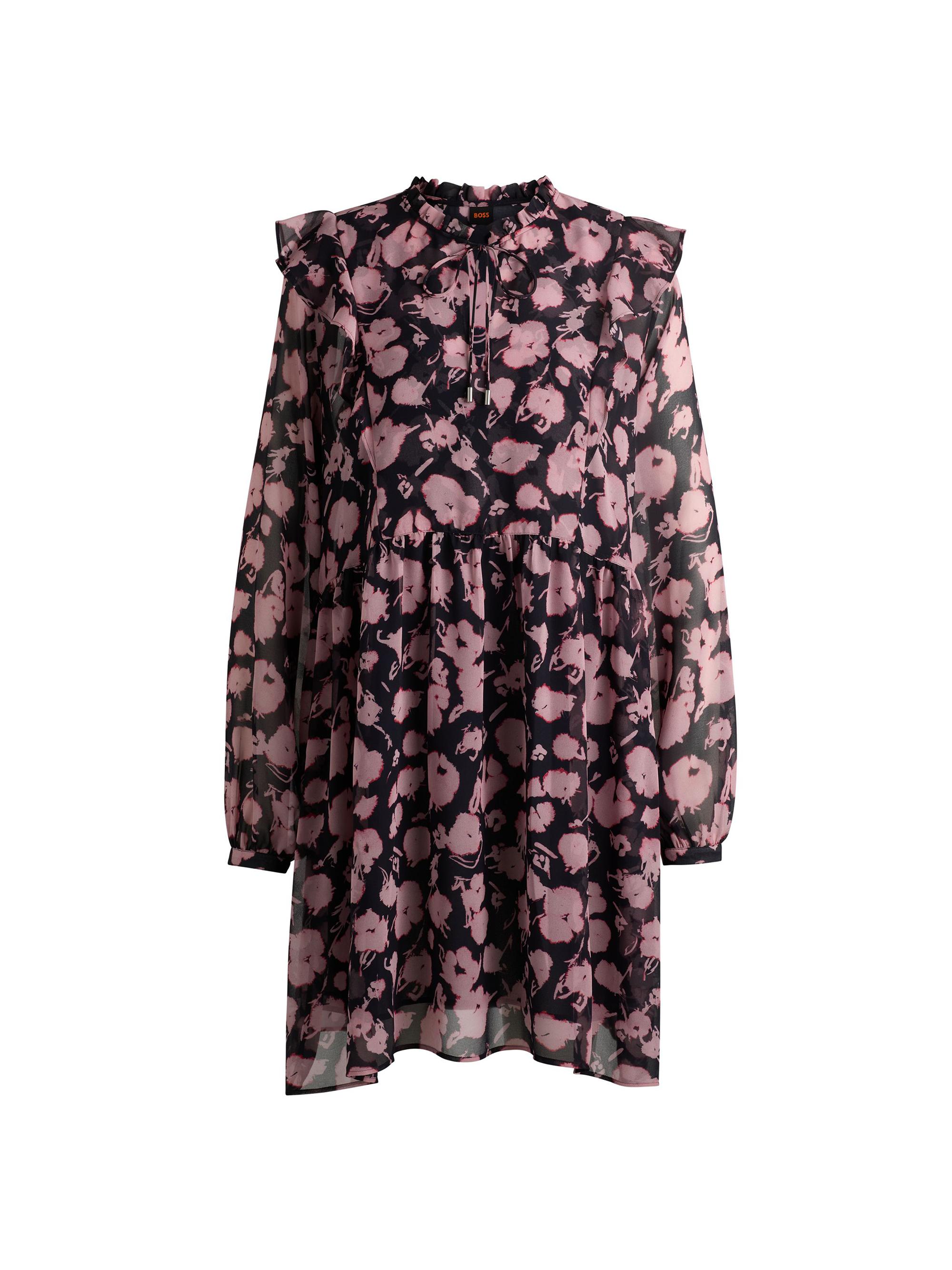 BOSS Women's Printed Dress with Ruffle Trims and Button Cuffs - Patterned Black