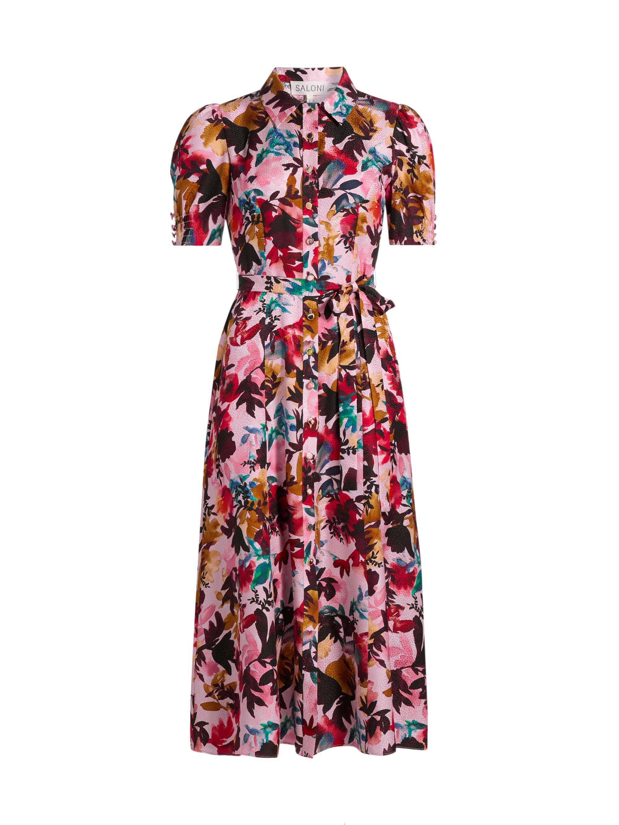 Saloni Women's Vanessa Floral Silk Tie-Waist Shirtdress - Watercolour Flourish