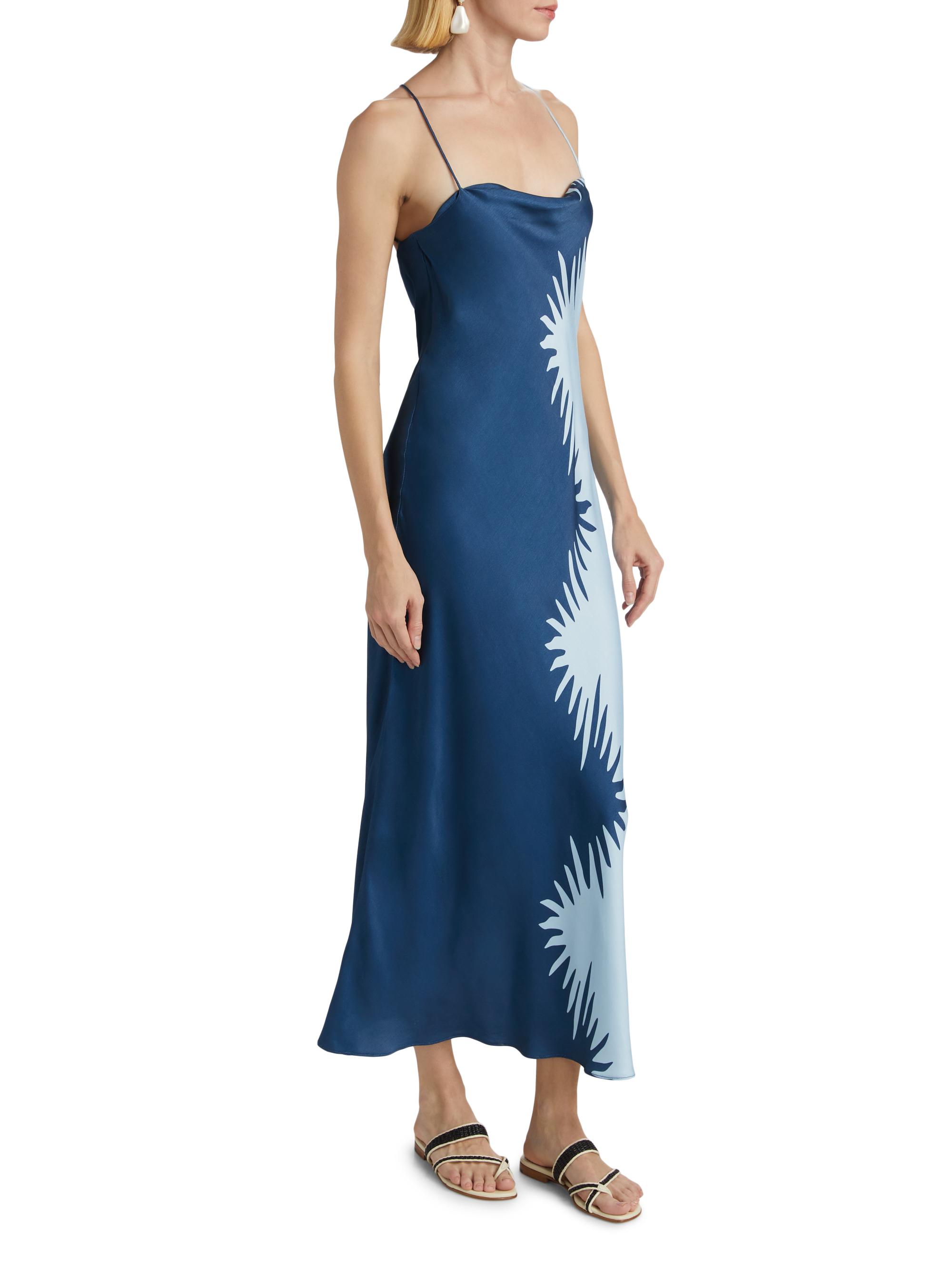 flossie midi dress Polagram Flossie V-Neck Tiered Midi Dress In Blue Jacquard