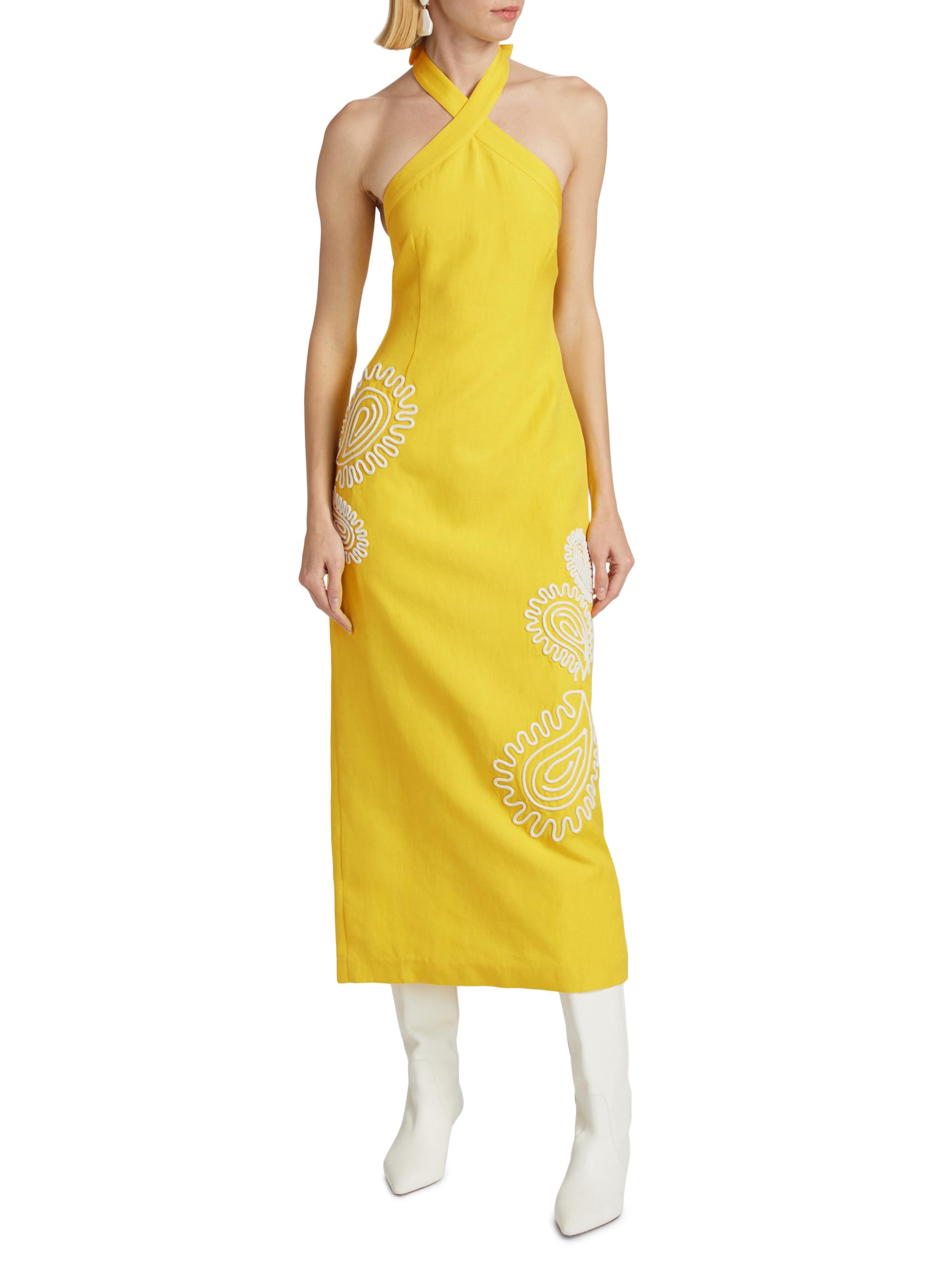 Carly Embroidered Linen-Blend Halterneck Midi-Dress