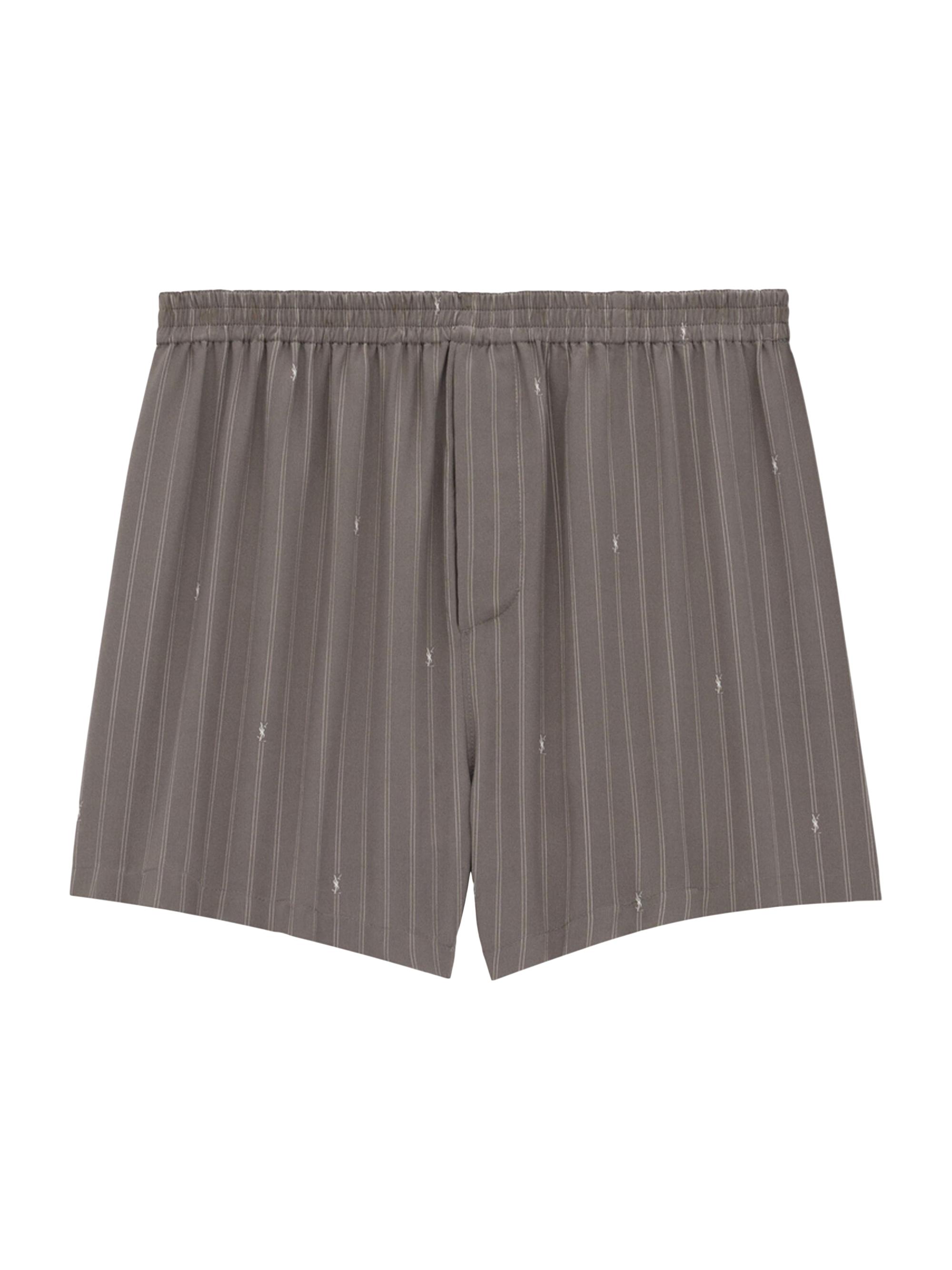Saint Laurent Men's Cassandre Shorts in Striped Silk Crepe De Chine - Gris