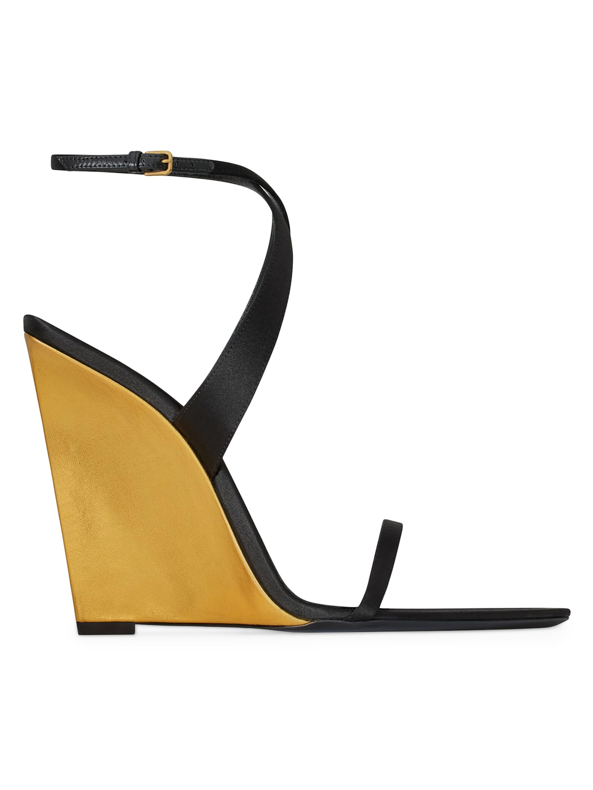 Saint Laurent Women's Salom Wedges in Satin Crepe and Metallic Leather - Black And Sun Gold