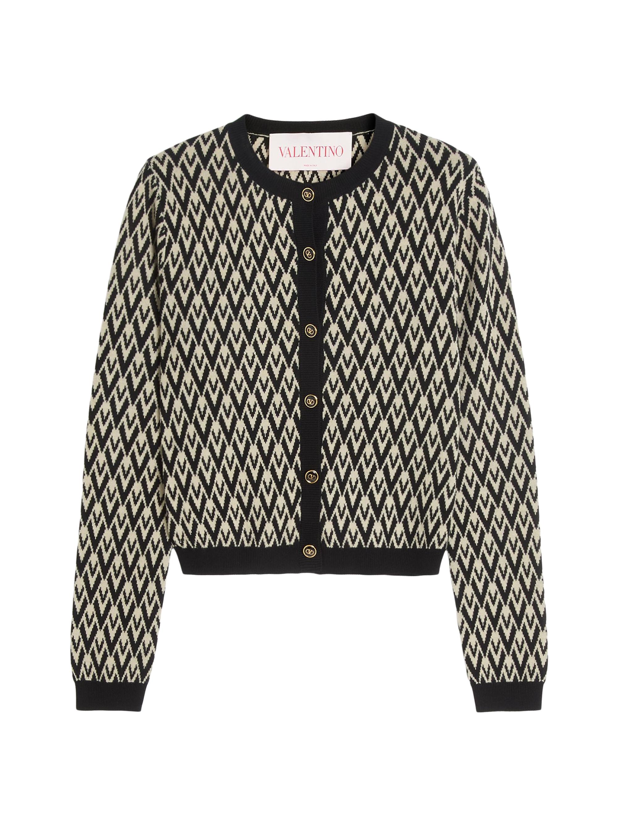 Valentino Garavani Women's Wool Cardigan with Toute La V Jacquard Pattern - Cream Black