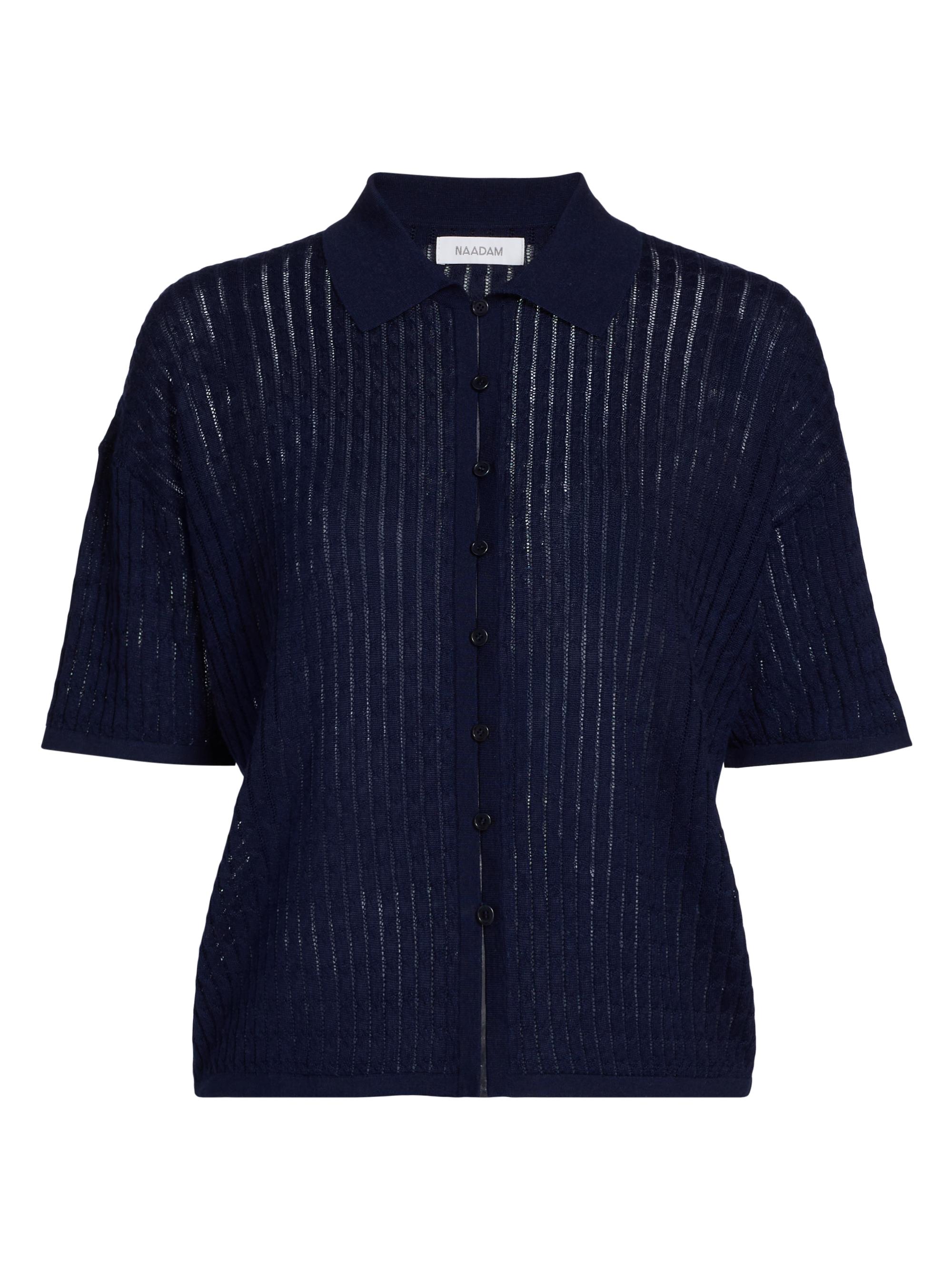 Naadam Women's Cable Pointelle Short-Sleeve Button-Up Shirt - Midnight Navy