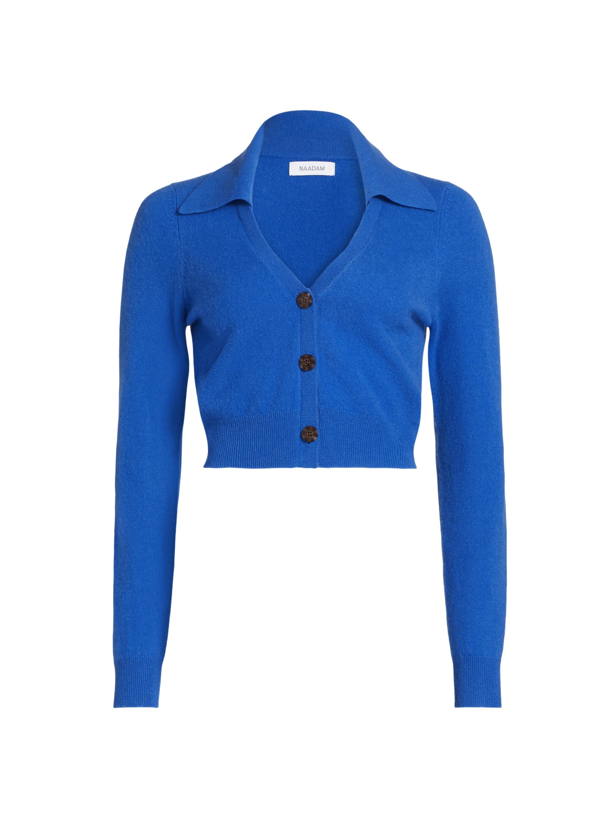 Naadam Women's Cashmere Cropped Polo Cardigan - Lapis Frost Grey
