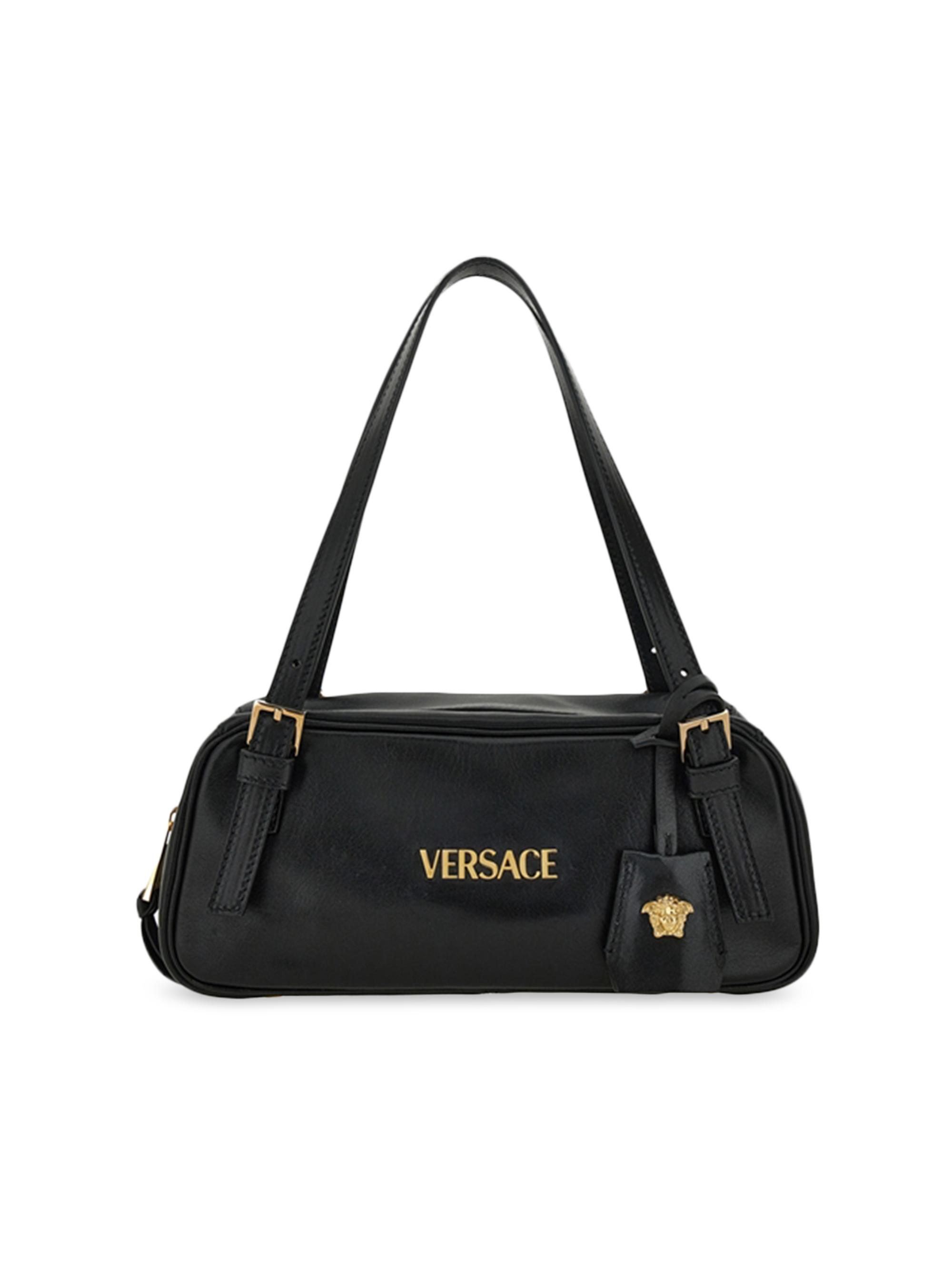 Versace 黒レザーボストンバッグ Versace Tag Mini Leather