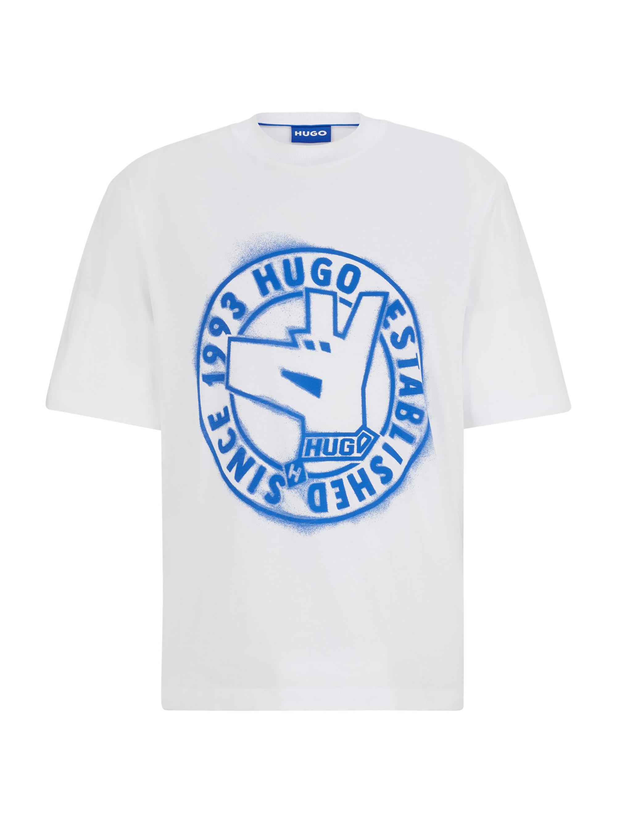 HUGO Men's Cotton-Jersey Regular-Fit T-Shirt with Signature Artwork - White