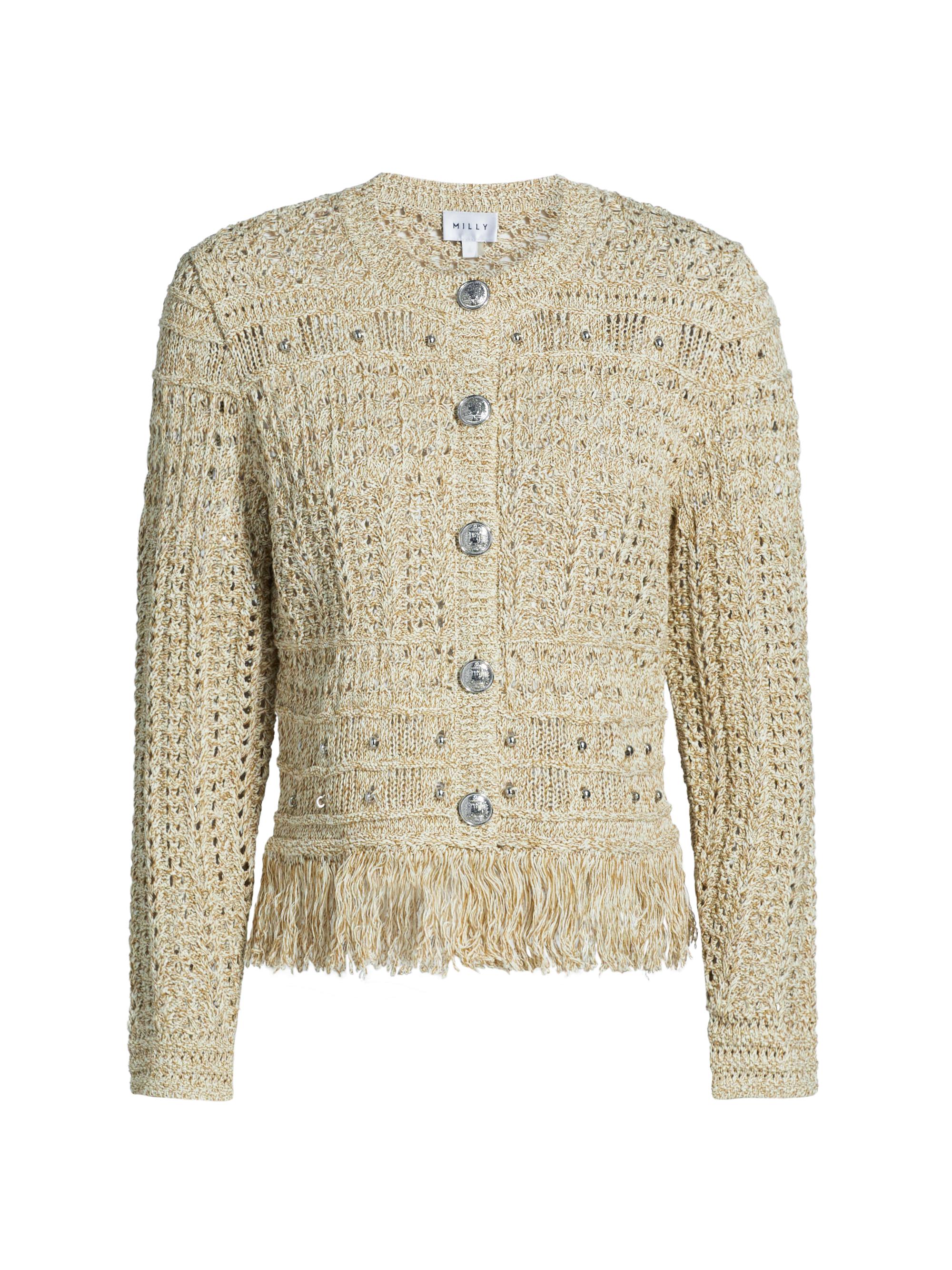Milly Women's Beaded Fringe Knit Cardigan Jacket - Beige Multi