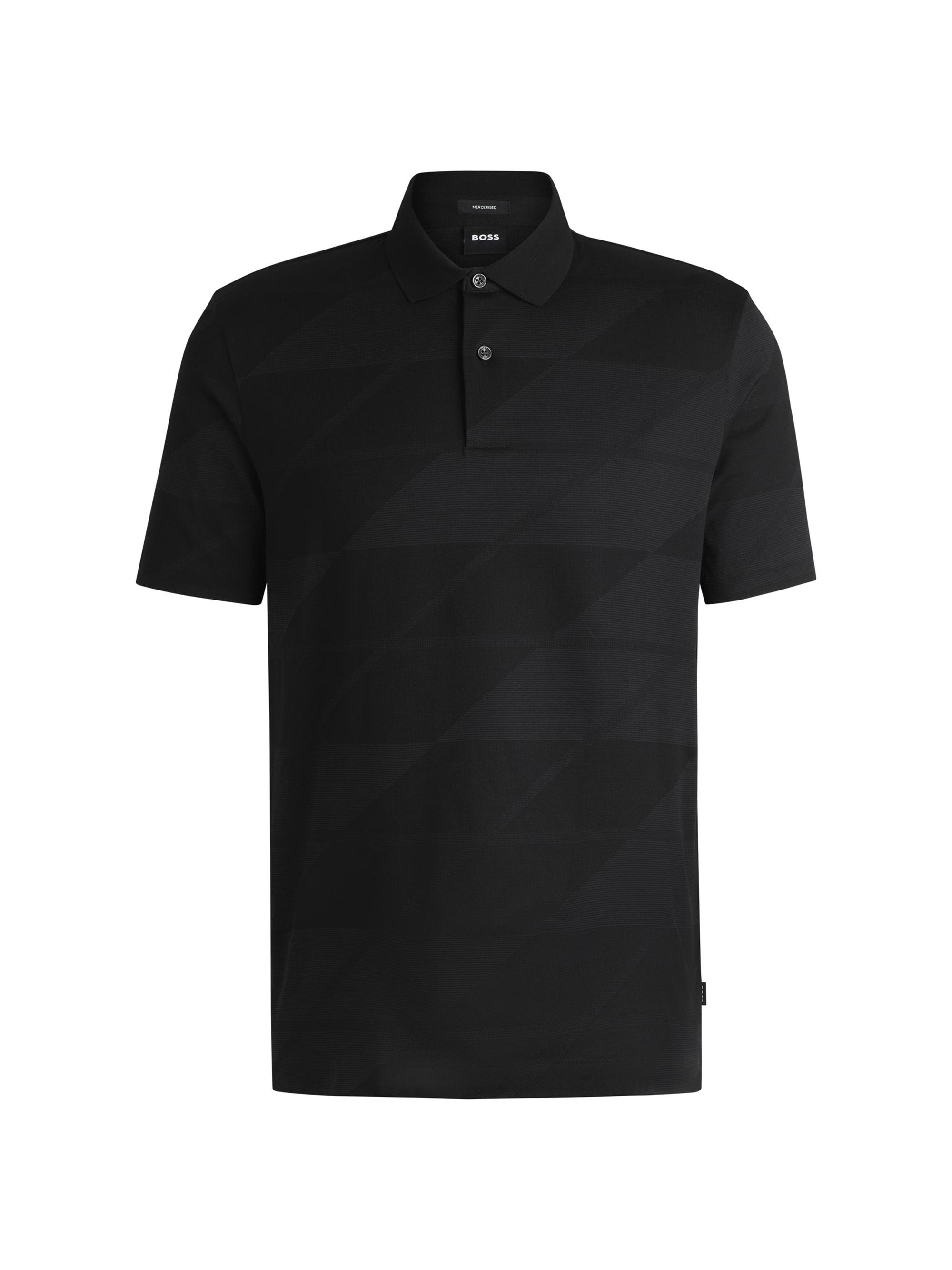BOSS Men's Mercerized-Cotton Polo Shirt with Jacquard Pattern - Black