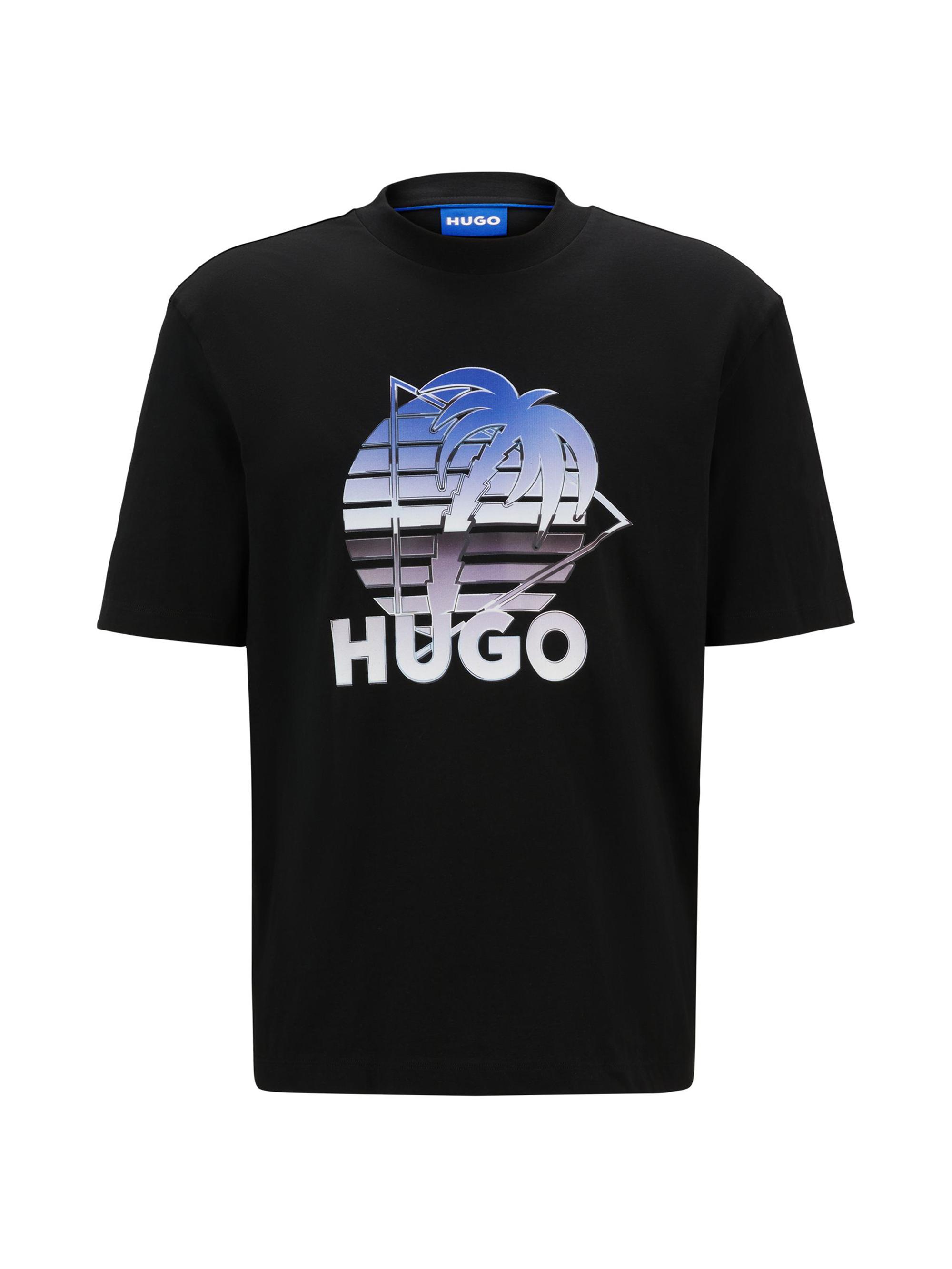 HUGO Men's Cotton-Jersey T-Shirt with Logo Artwork - Black