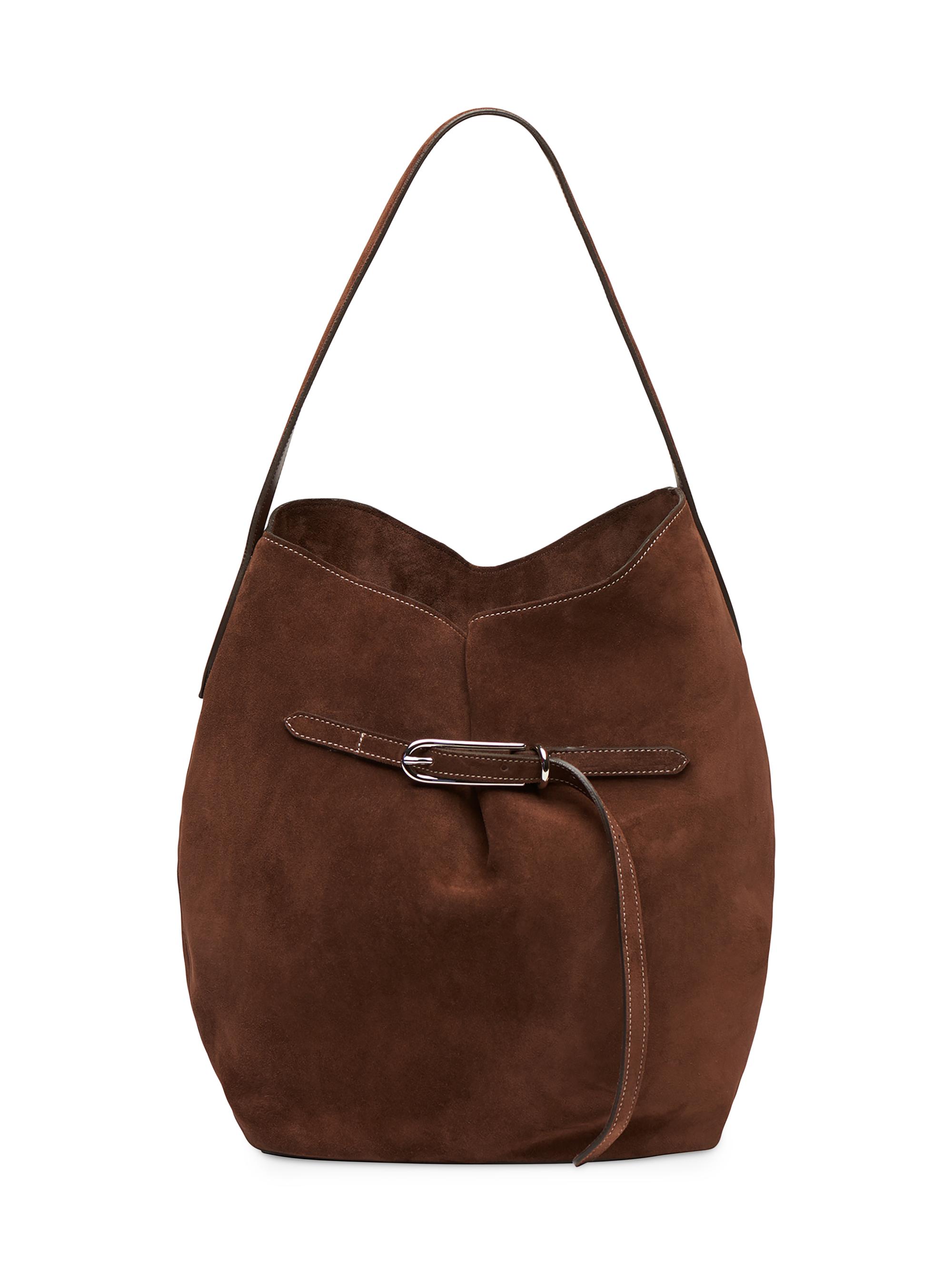 Liffner Women's Belted Suede Bucket Bag - Dark Brown