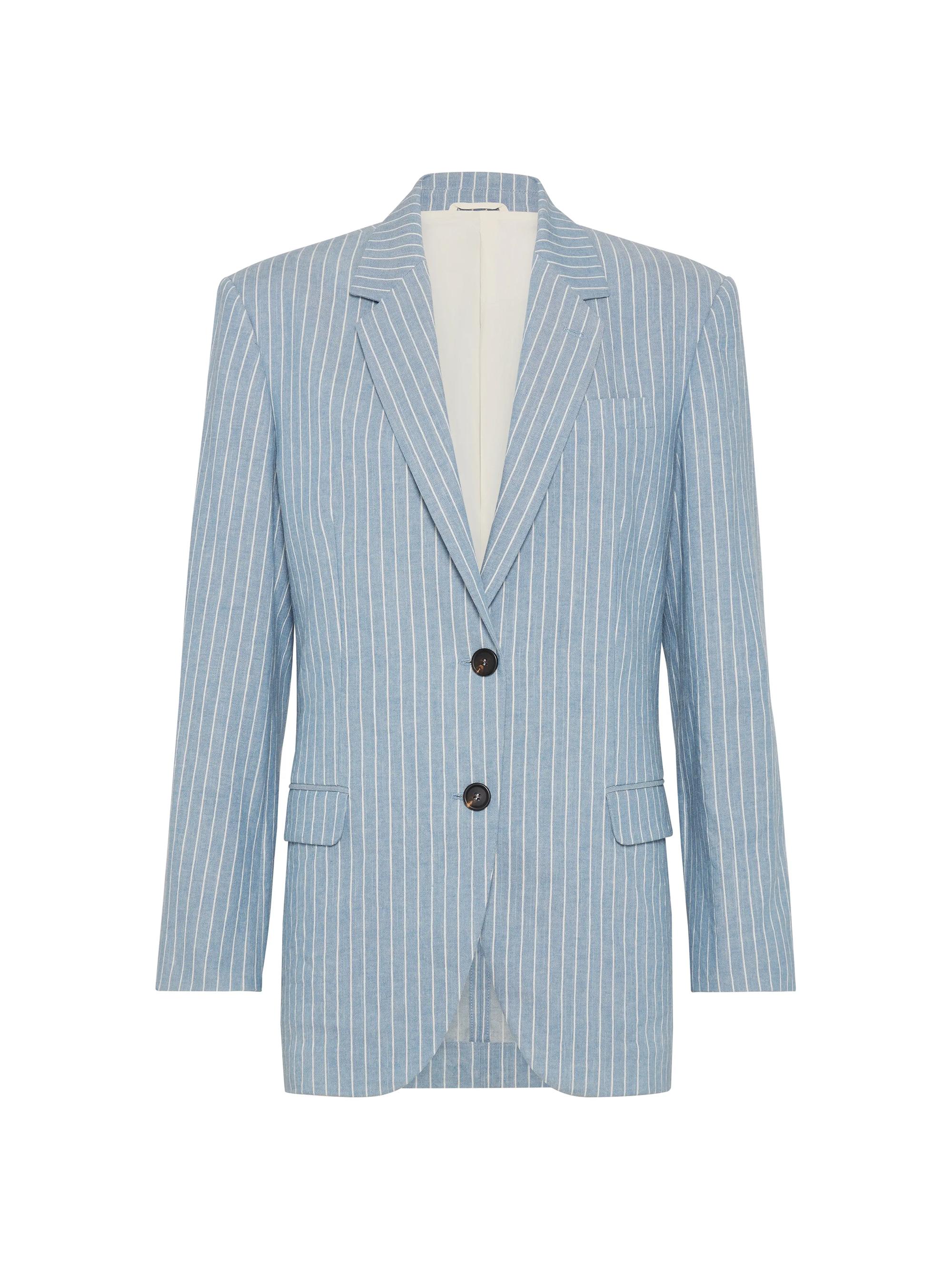 Brunello Cucinelli Women's Linen and Hemp Chalk Stripe Twill Blazer - Avio Blue