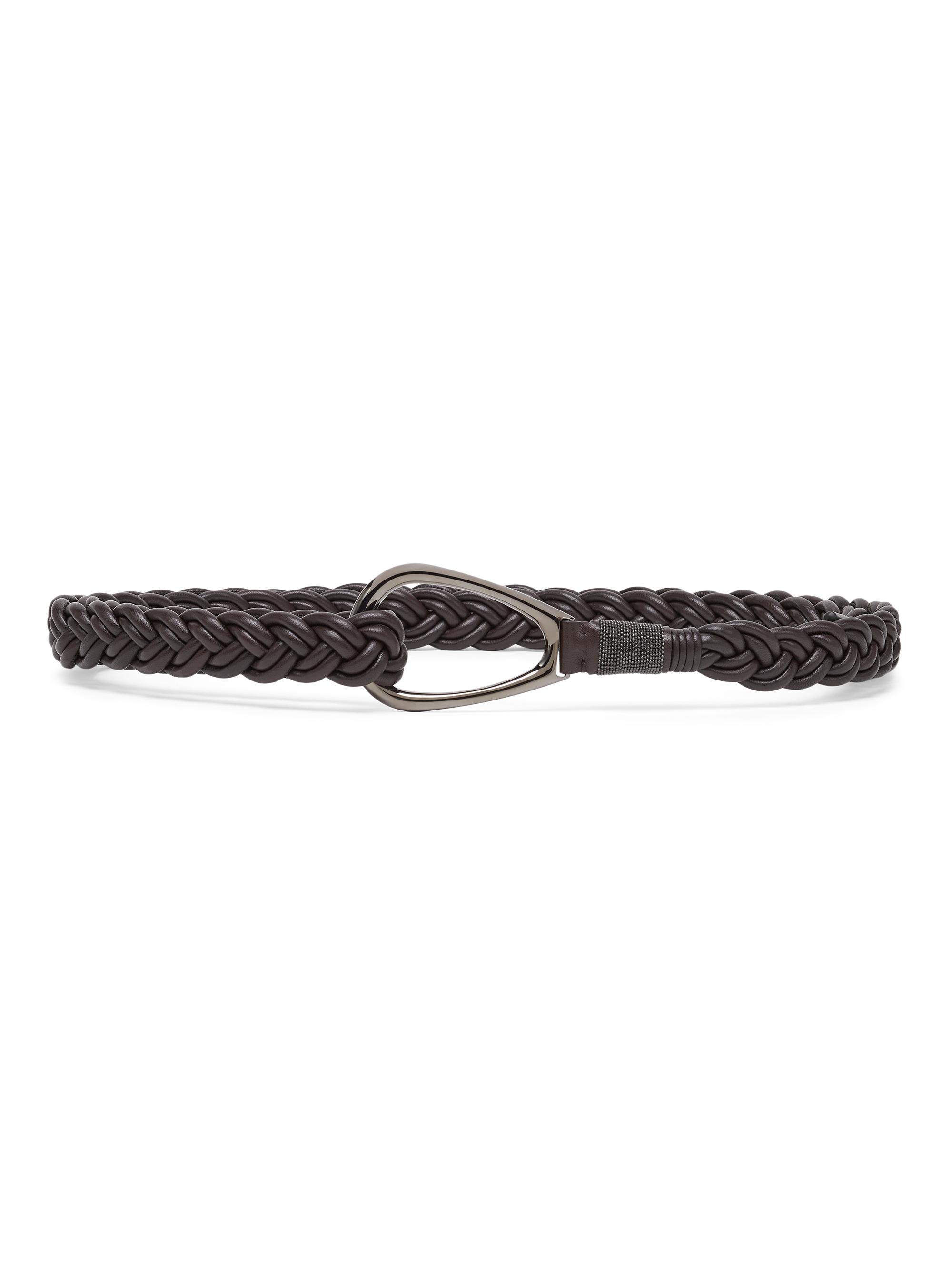 Brunello Cucinelli Women's Braided Nappa Leather Belt with Precious Detail - Rust Brown