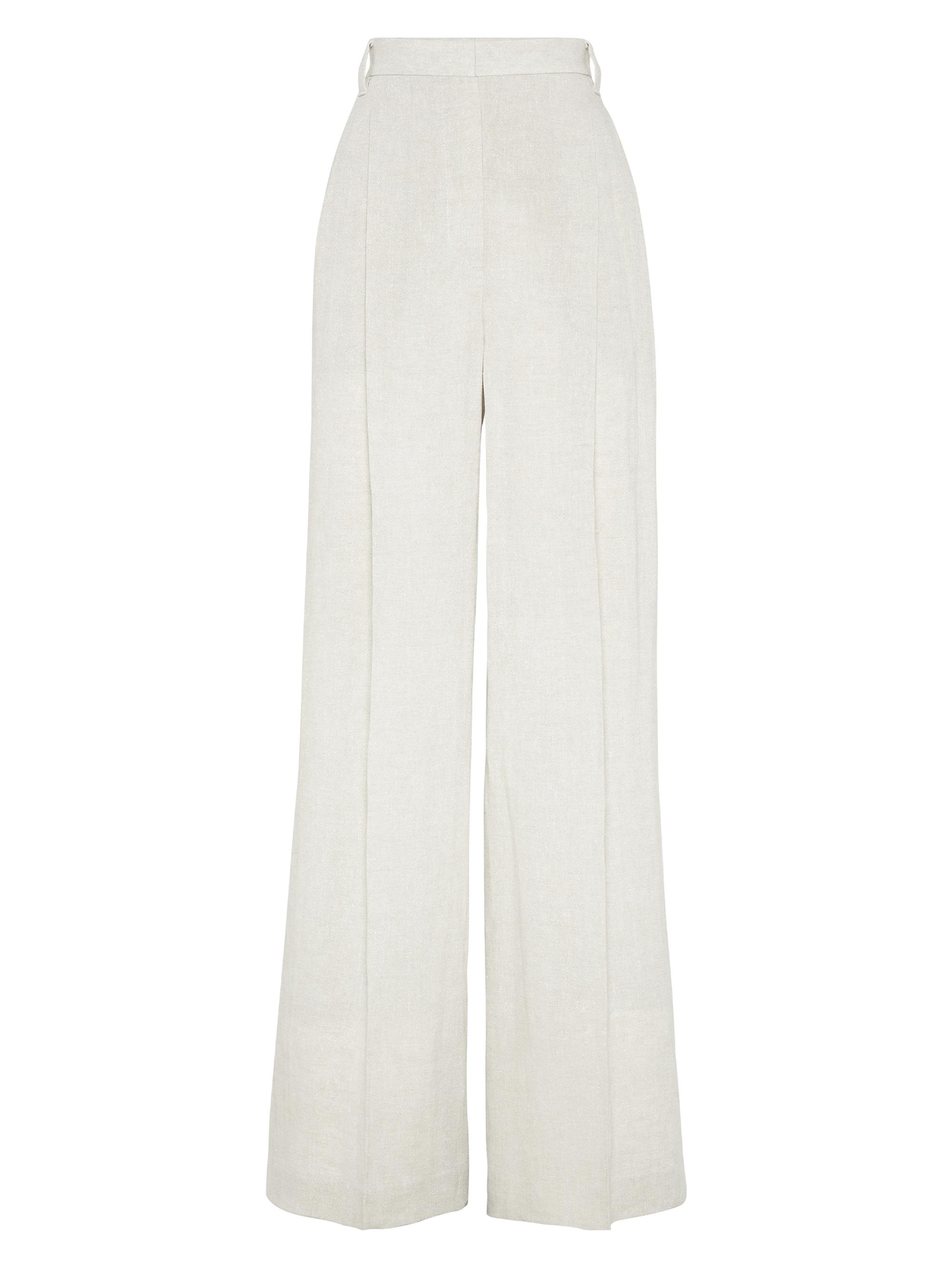 Brunello Cucinelli Women's Linen Sparkling Canvas Wide Trousers with Monili - White