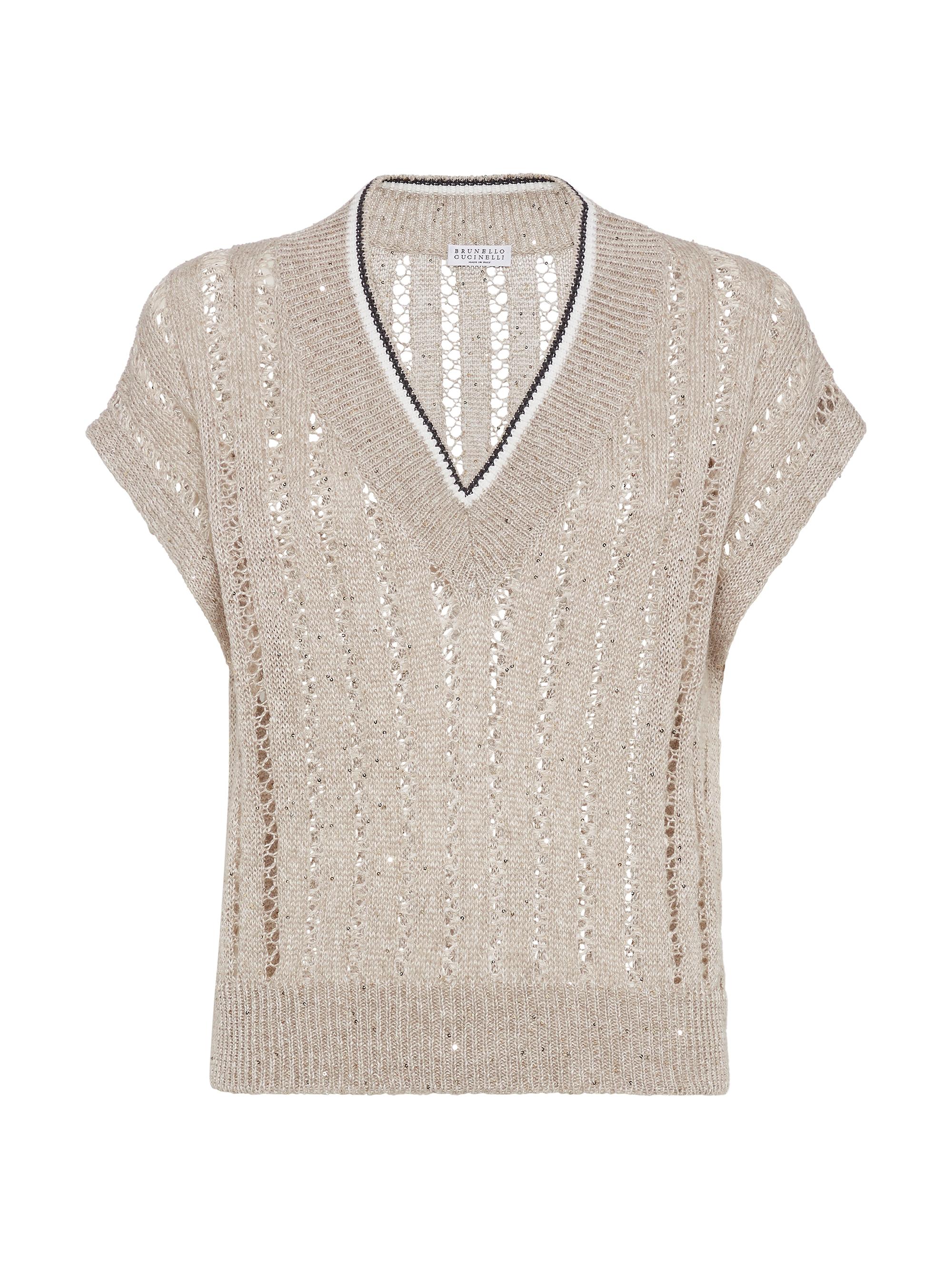 Brunello Cucinelli Women's Linen Dazzling Ribbed Net Knit T-Shirt - Cool Beige