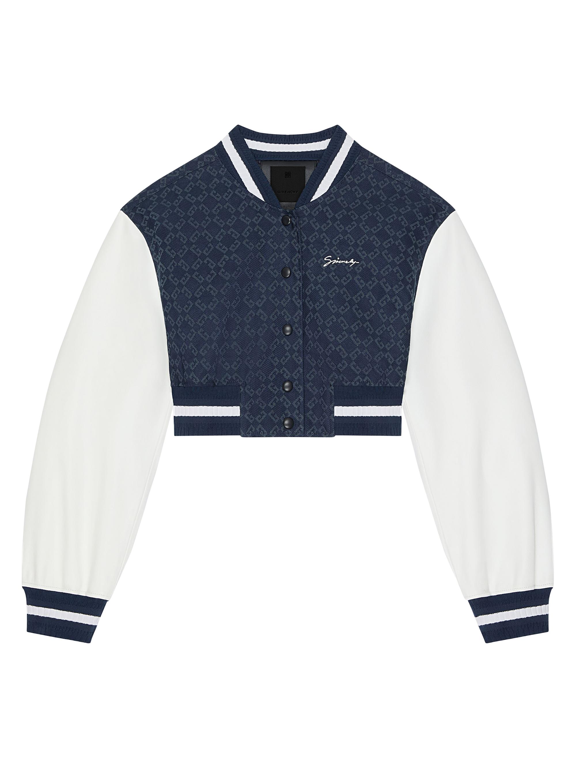 Givenchy Women's Cropped Varsity Jacket in Monogram 72 Denim and Leather - Navy White