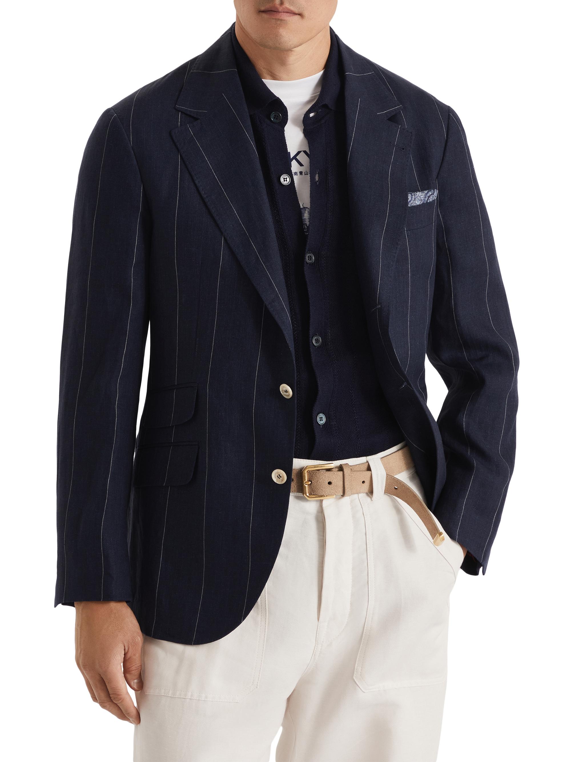 Brunello Cucinelli Men's Linen Wide Chalk Stripe Deconstructed Cavallo Blazer - Navy Blue