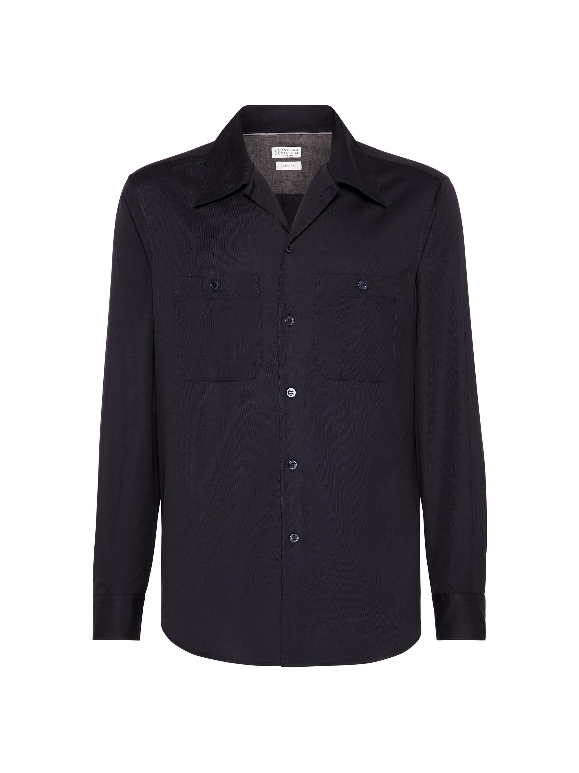 Brunello Cucinelli Men's Garment Dyed Easy Fit Shirt in Twill with Chest Pockets - Navy Blue