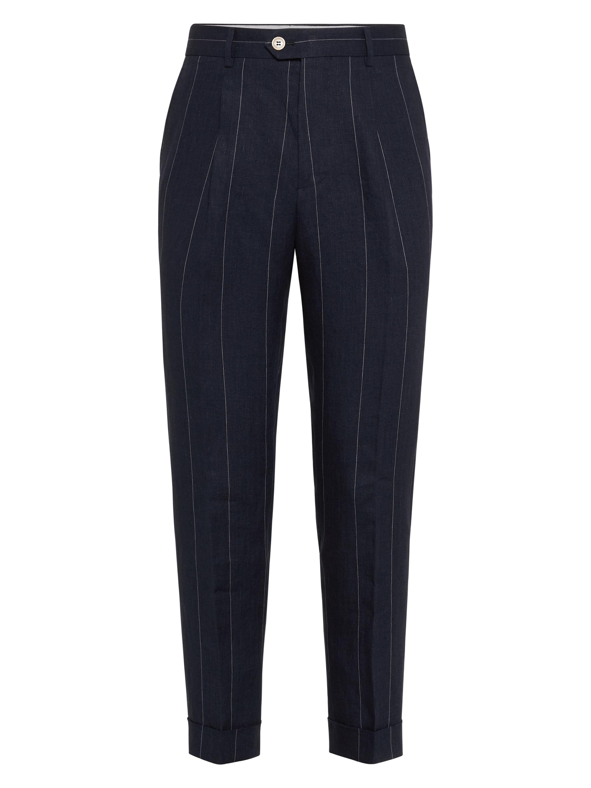 Brunello Cucinelli Men's Linen Wide Chalk Stripe Leisure Fit Trousers - Navy Blue