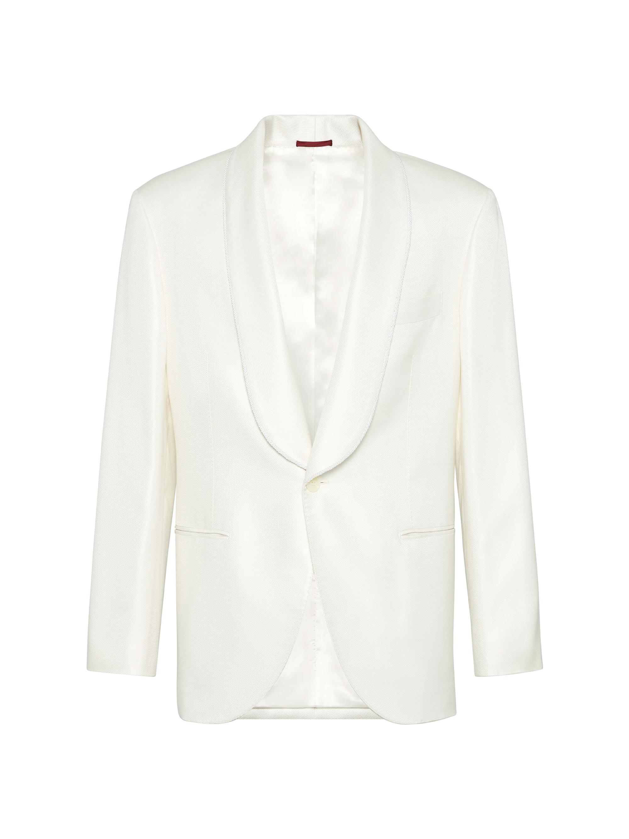 Brunello Cucinelli Men's Silk Diagonal Tuxedo Jacket with Shawl Lapels and Piping - Off White