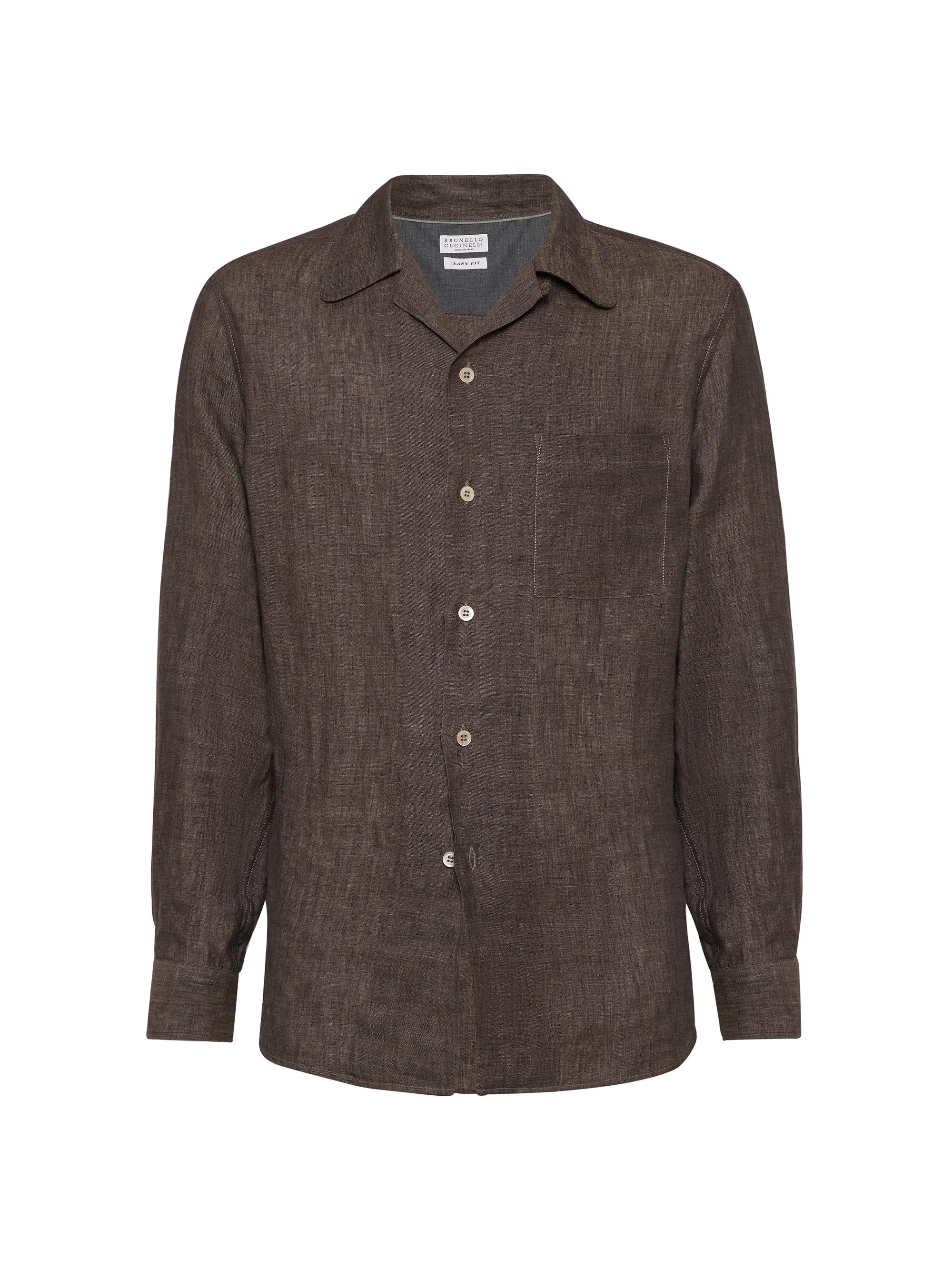 Brunello Cucinelli Men's Linen Easy Fit Shirt with Camp Collar and Chest Pocket - Arabica