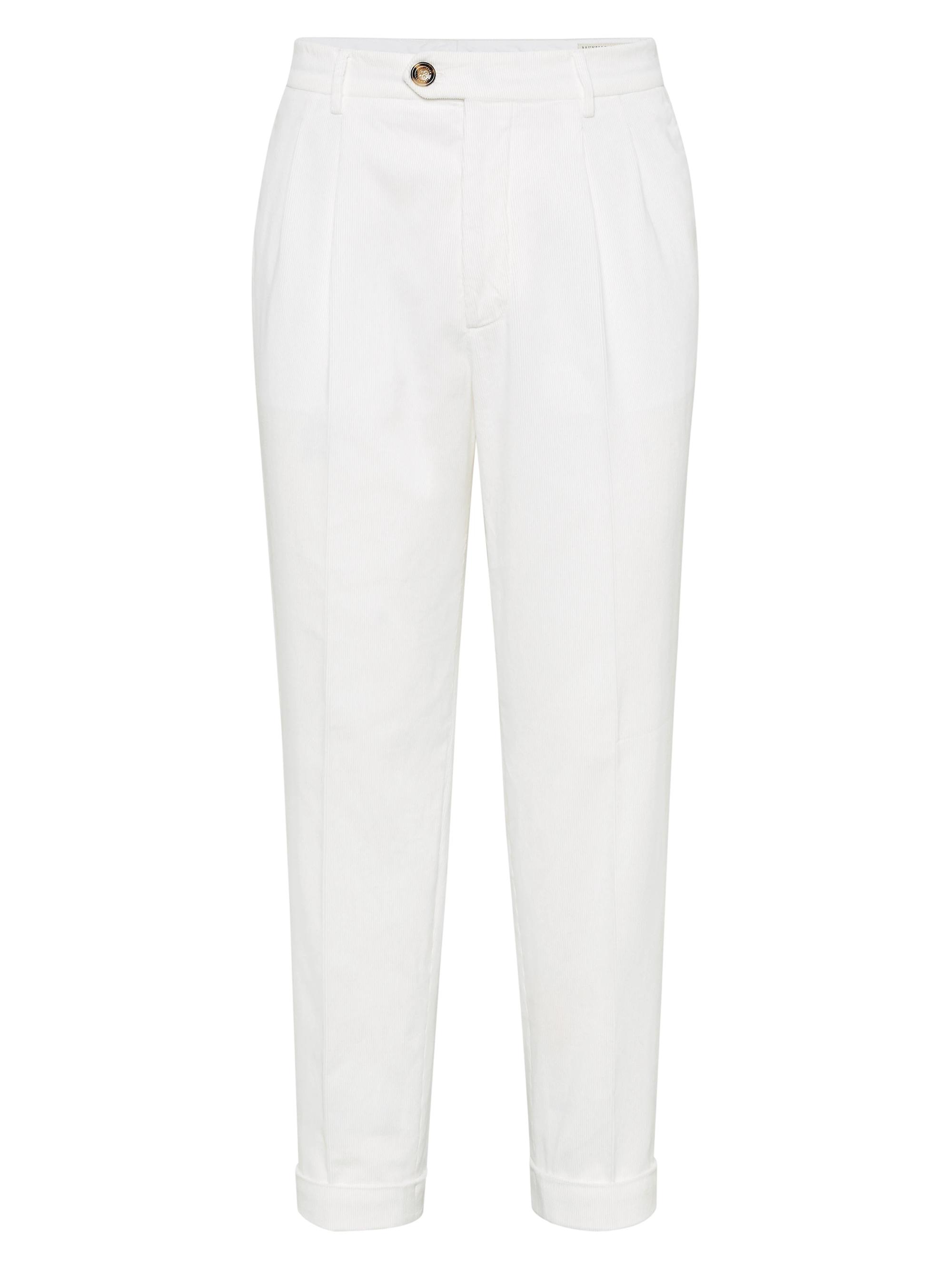 Brunello Cucinelli Men's Garment Dyed Leisure Fit Trousers in Cotton Narrow Wale Corduroy - Snow