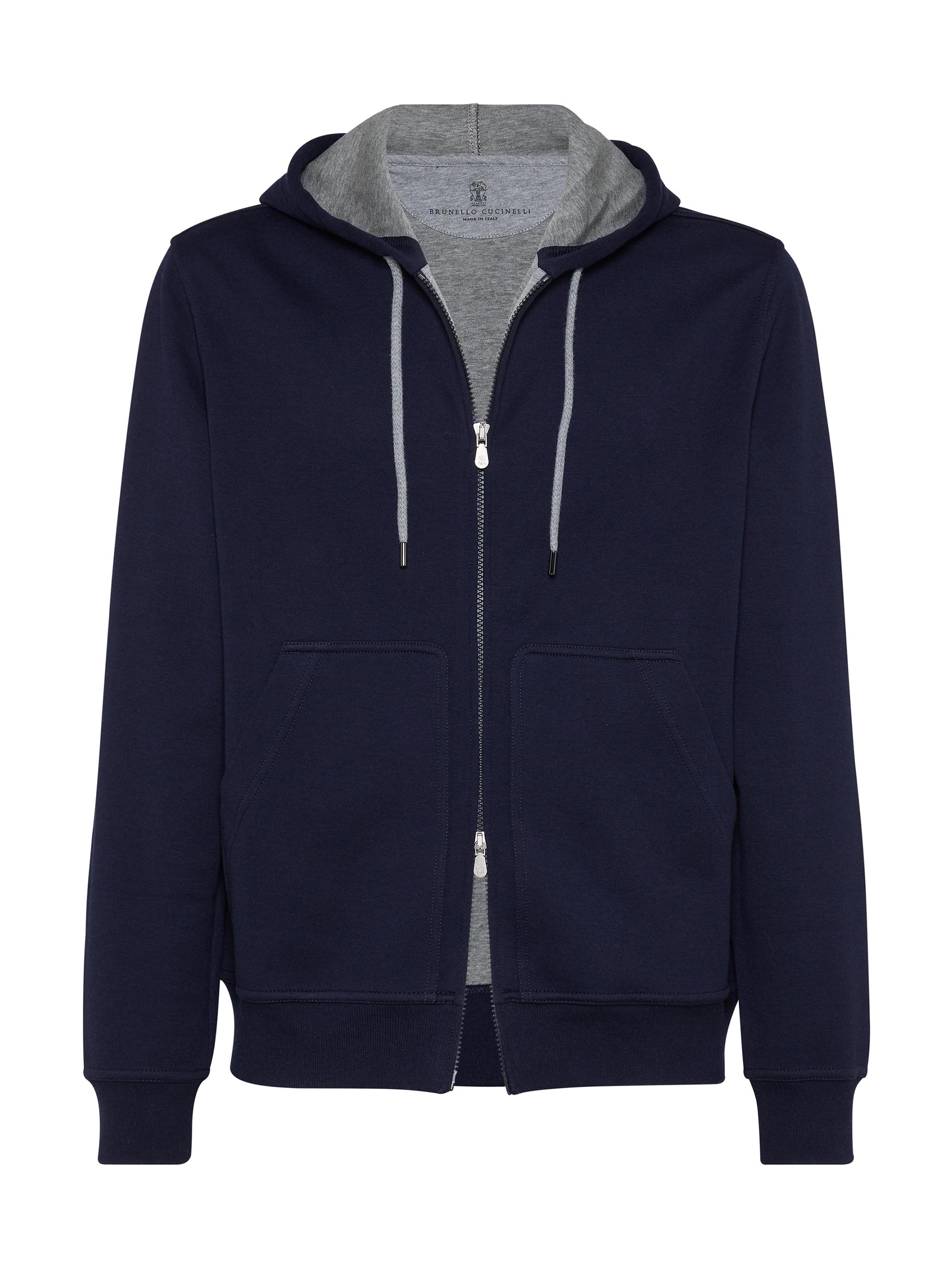 Brunello Cucinelli Men's French Terry Double Cloth Hooded Sweatshirt with Zipper - Pearl Grey