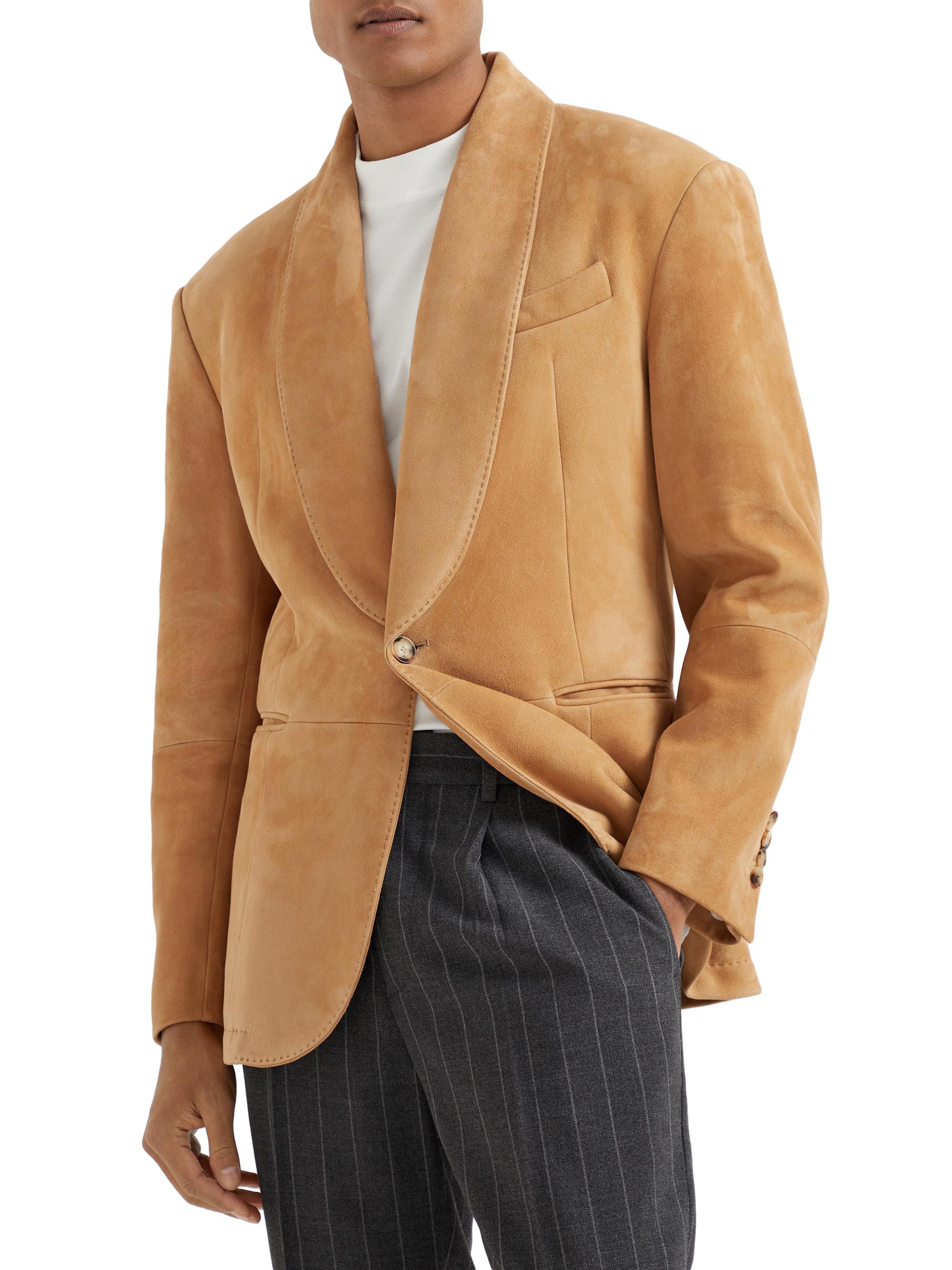 Brunello Cucinelli Men's Country Suede Blazer with Shawl Lapels - Biscuit