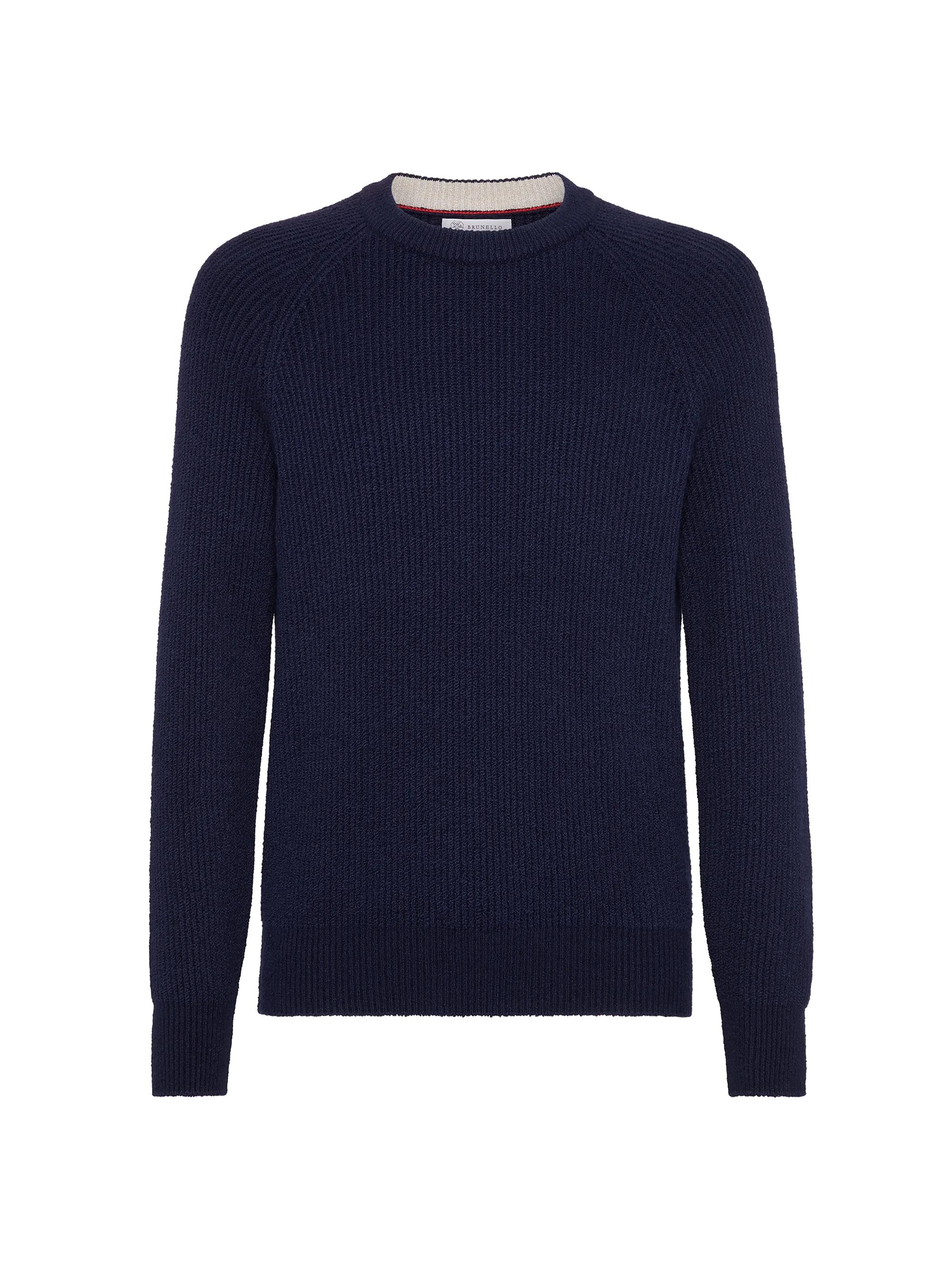 Brunello Cucinelli Men's Malfilé Cotton English Rib Sweater with Raglan Sleeves - Navy Blue