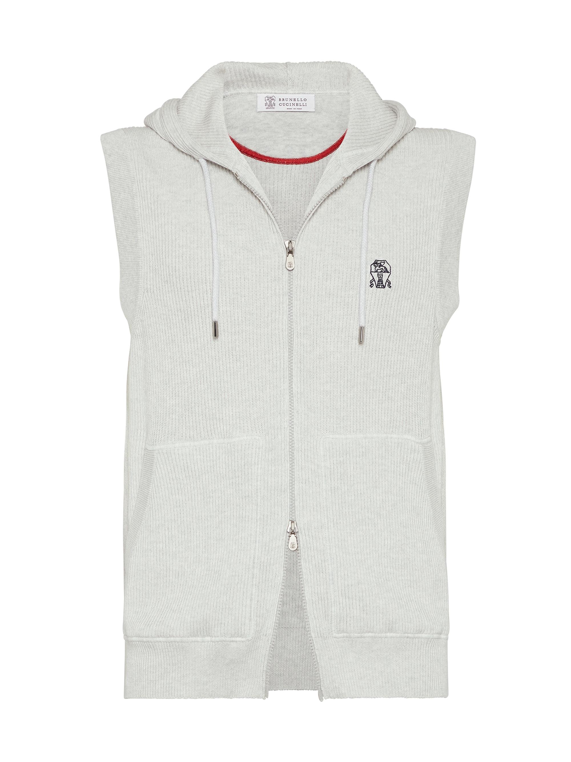 Brunello Cucinelli Men's Cotton English Rib Knit Hooded Vest with Logo - Fog