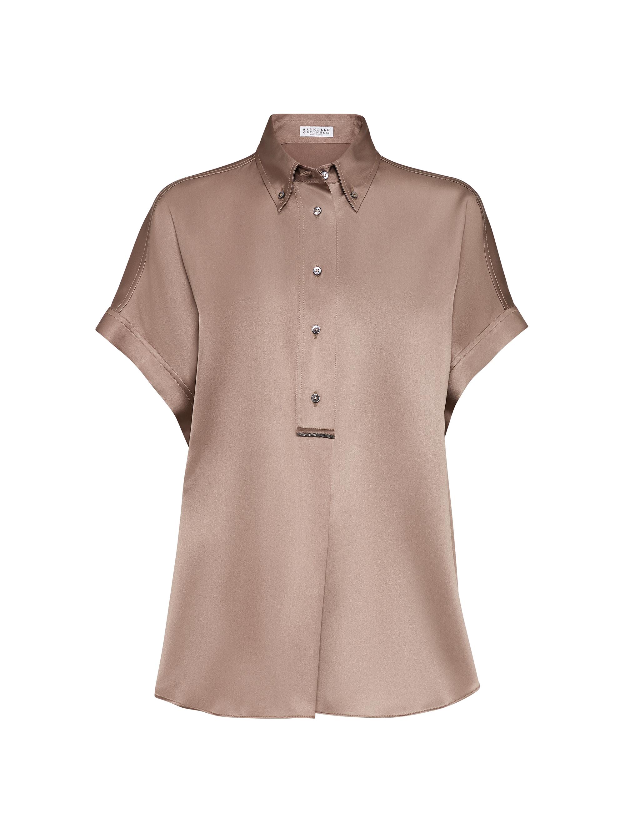 Brunello Cucinelli Women's Stretch Silk Satin Short Sleeve Shirt - Cocoa