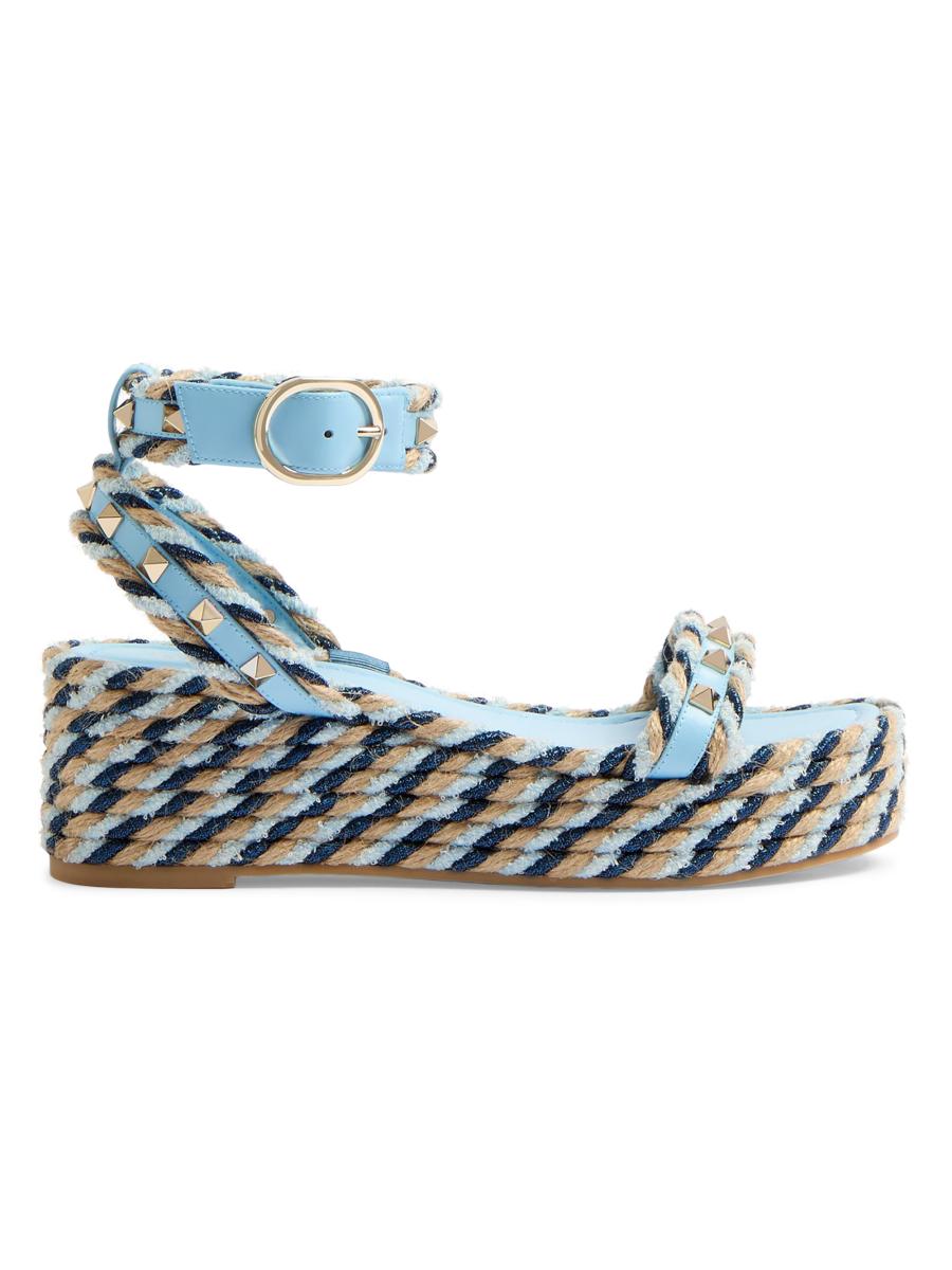 Valentino Garavani Women's Rockstud Flatform Sandals In Calfskin 45mm In Blue Ivory