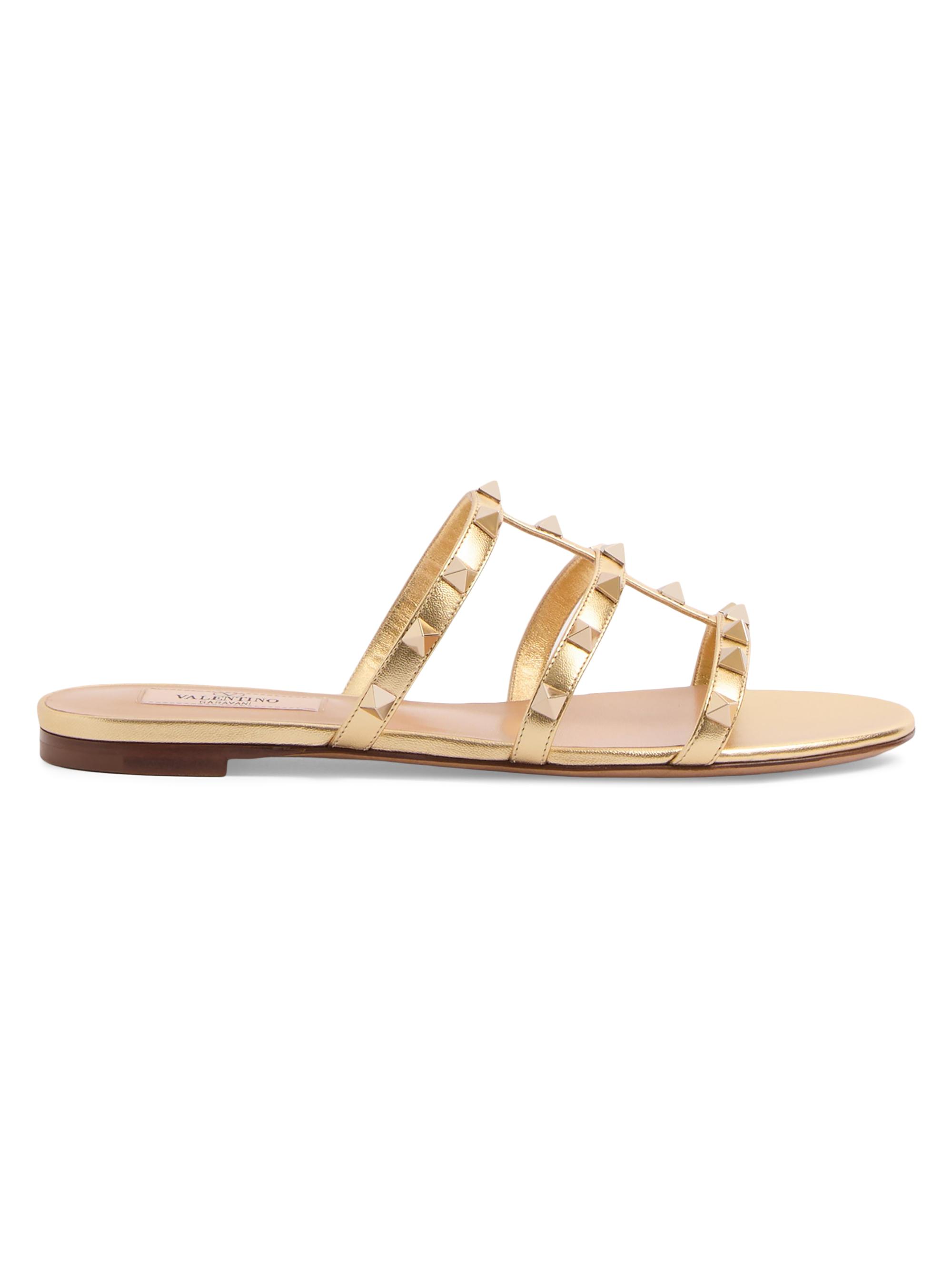 Valentino Garavani Women's Rockstud Flat Metallic Nappa Slide Sandals - Antique Brass