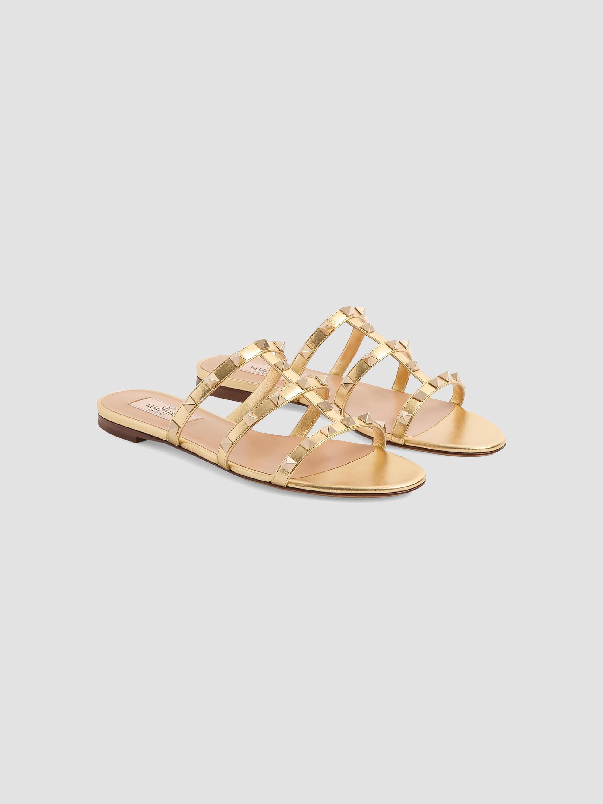 Valentino Garavani Rockstud Flat Metallic Nappa Slide Sandals