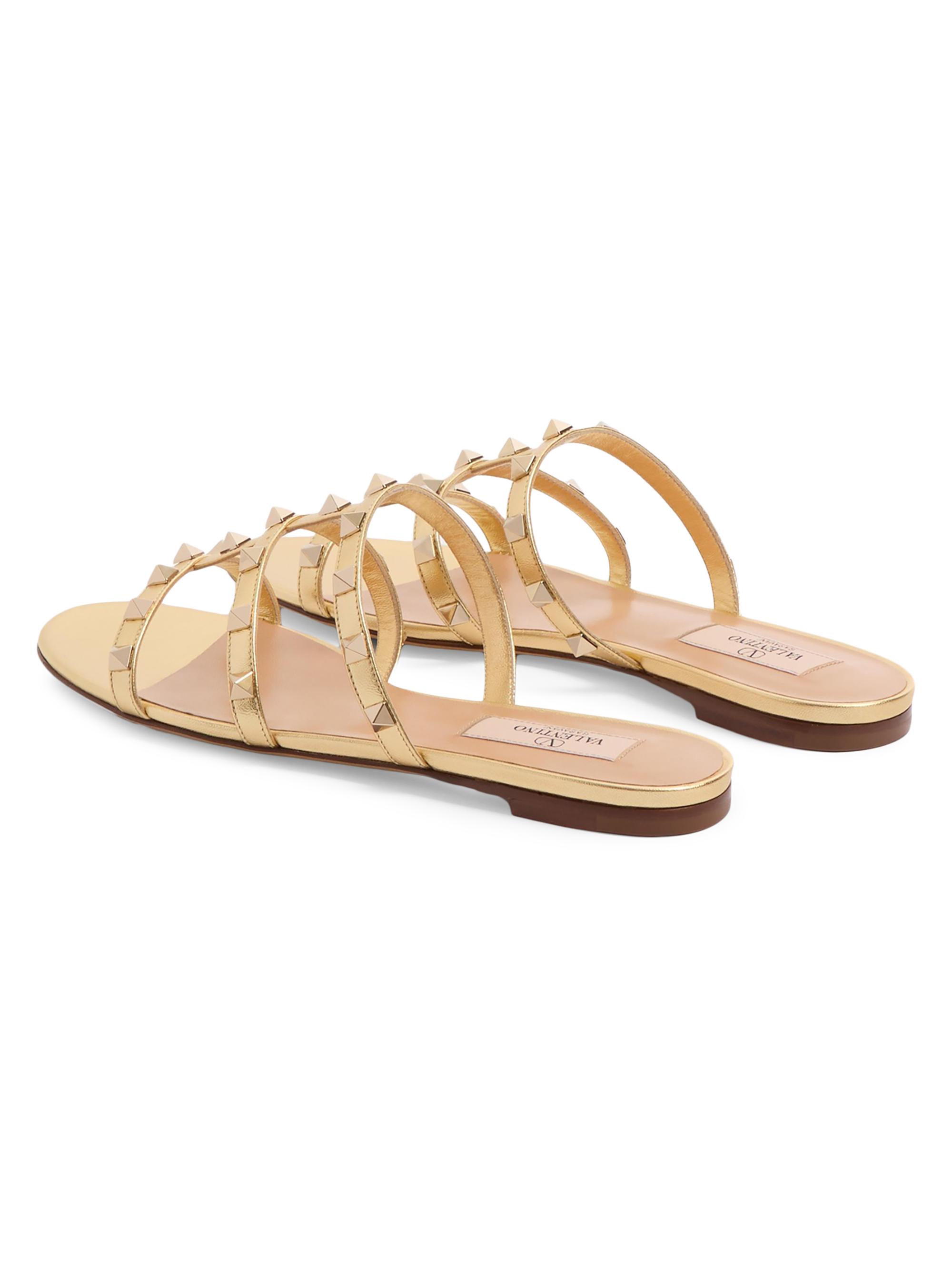 Valentino Garavani Rockstud Flat Metallic Nappa Slide Sandals
