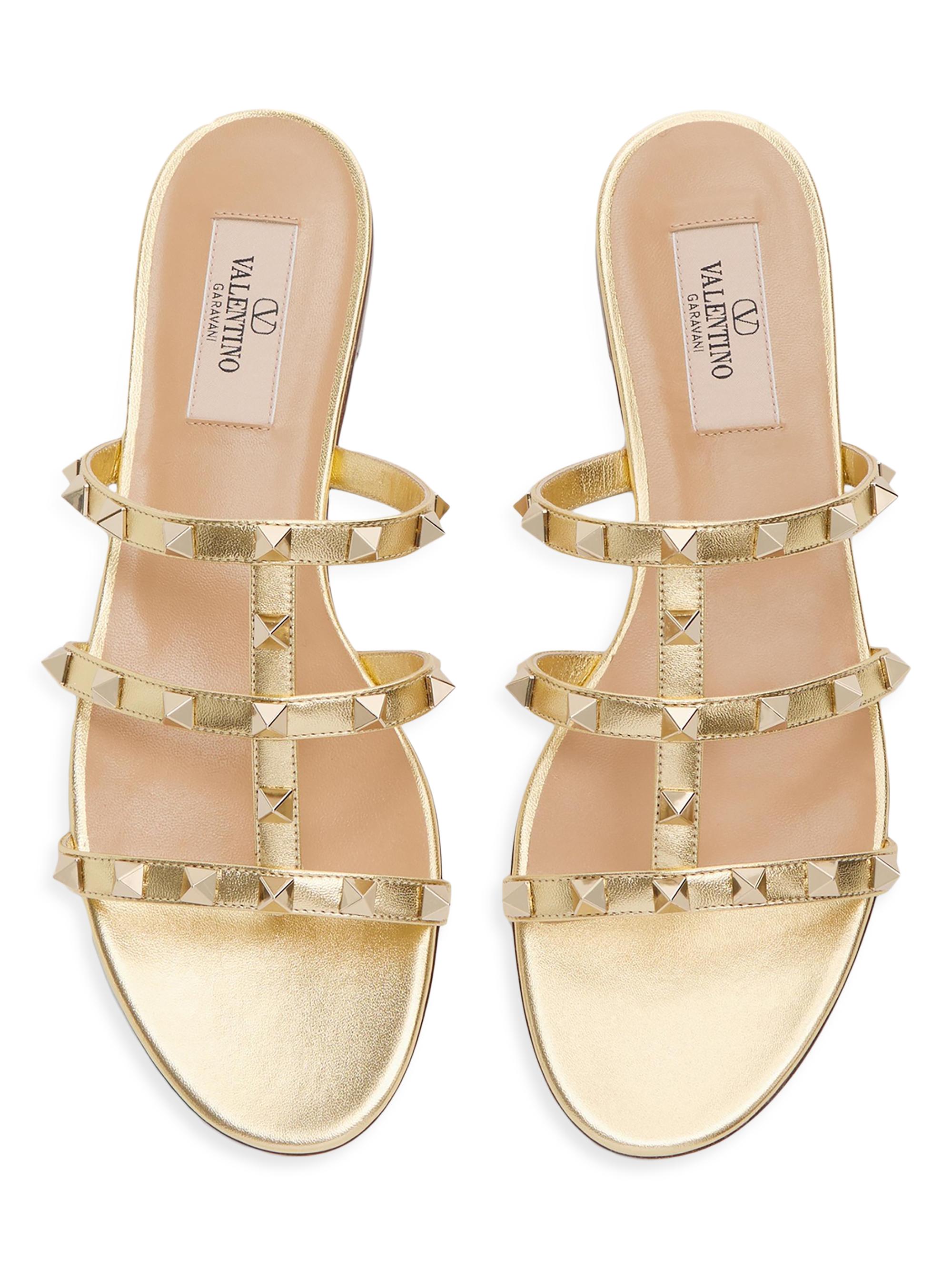 Valentino Garavani Rockstud Flat Metallic Nappa Slide Sandals