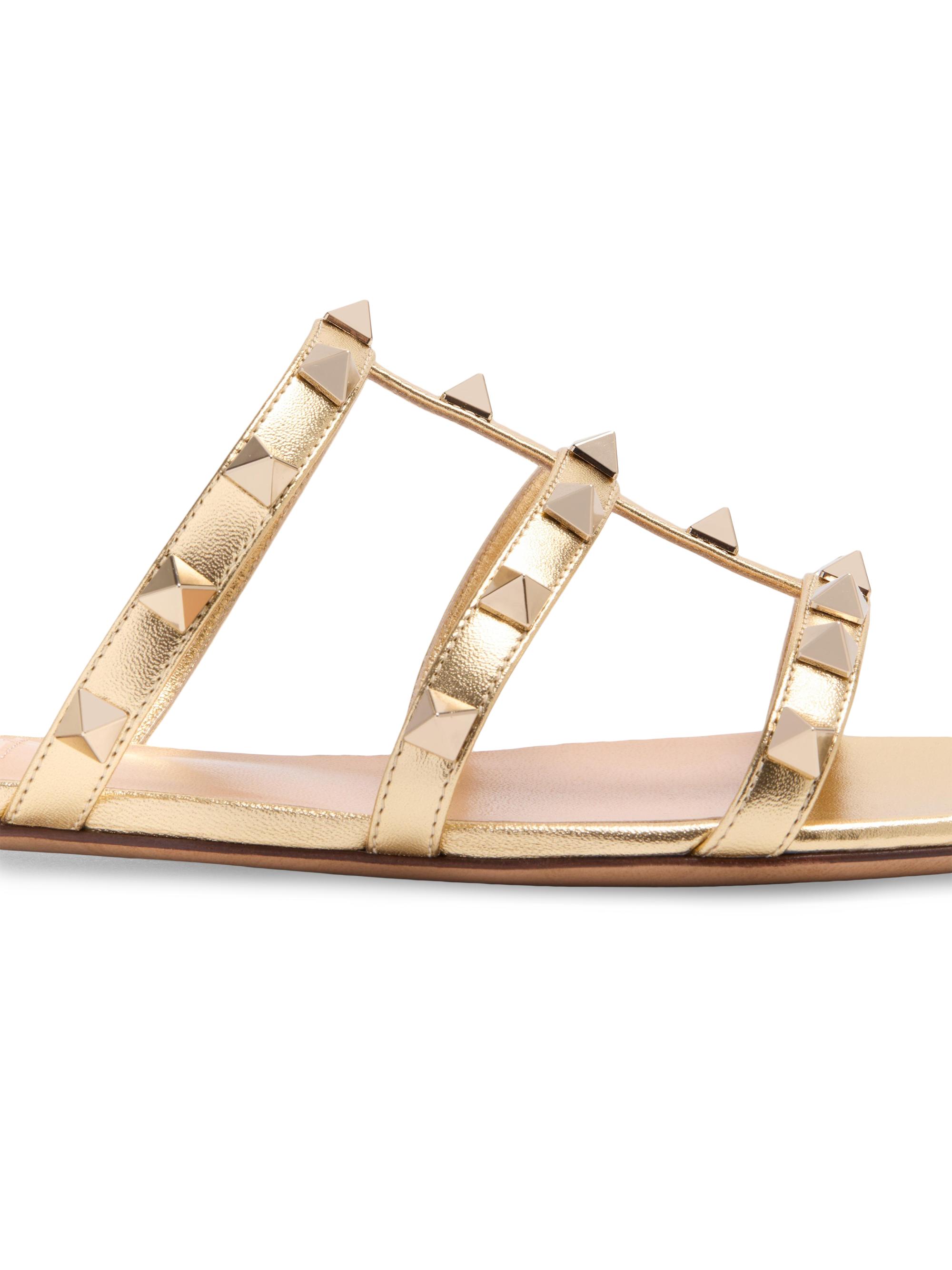 Valentino Garavani Rockstud Flat Metallic Nappa Slide Sandals