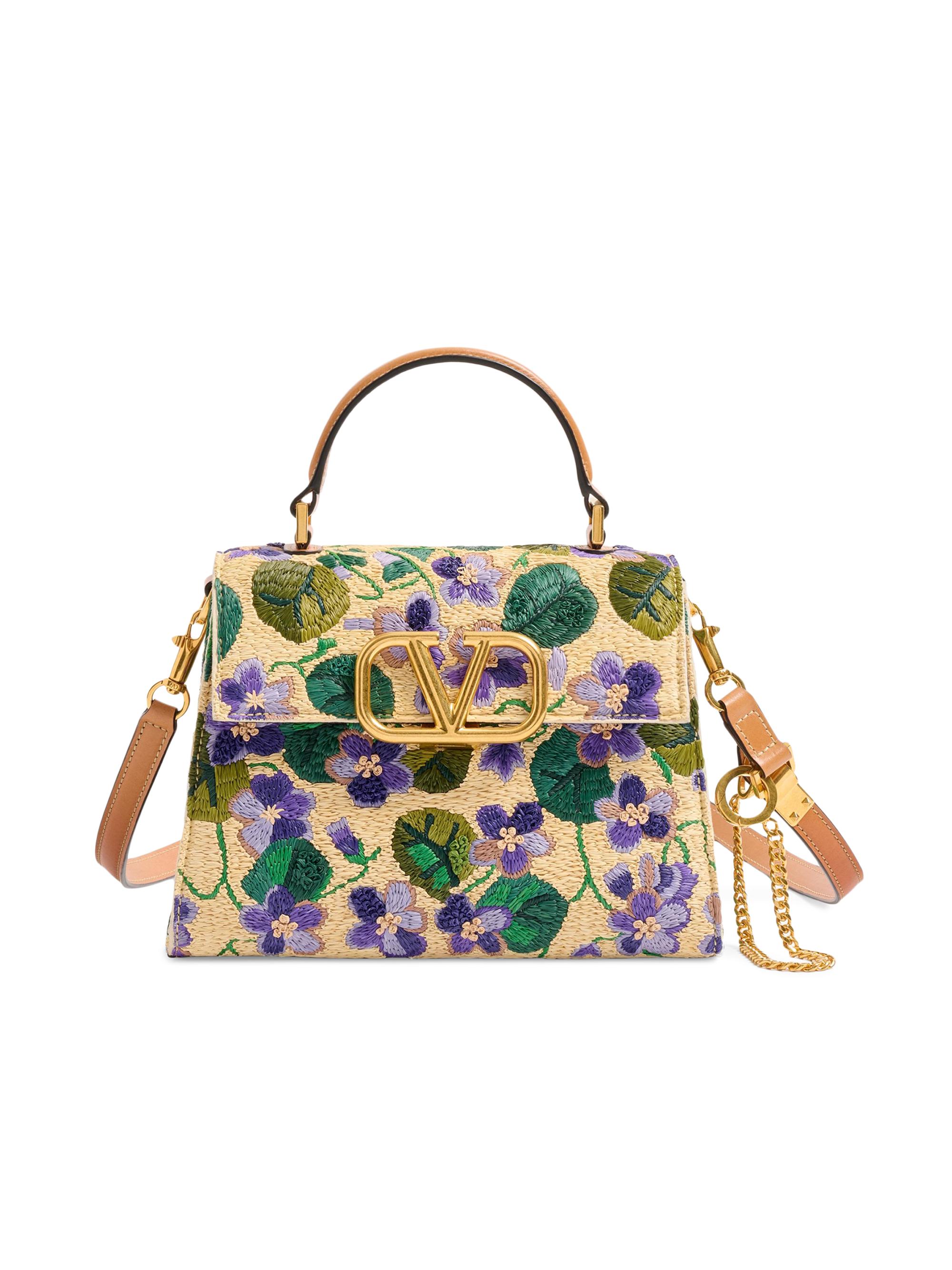 Valentino Garavani Women's VSling  Hand Bag in Embroidered Synthetic Raffia - Natural Multicolour