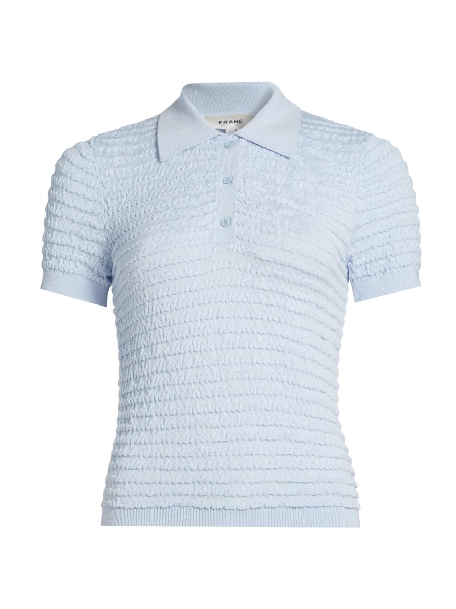 Frame Women's Smocked Silk-cotton Knit Polo Sweater In Blue