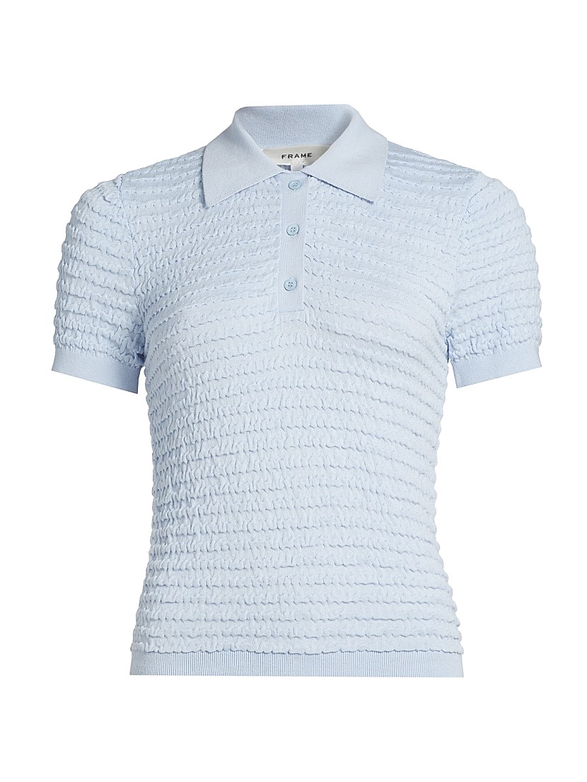 Shop Frame Smocked Silk-Cotton Knit Polo Sweater | Saks Shop Frame Smocked Silk-Cotton Knit Polo Sweater | Saks